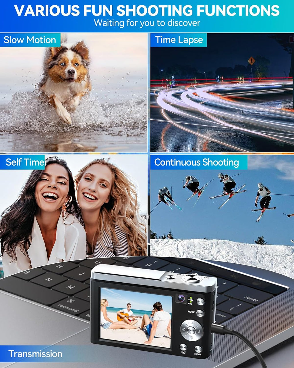 Digital Camera,5K 56MP Cameras for Photography Autofocus,Vlogging Compact Camera with Front and Rear Camera,10X Optical Zoom,6-Axis Anti-Shake,Touch Screen with 64GB SD Card,2 Batteries