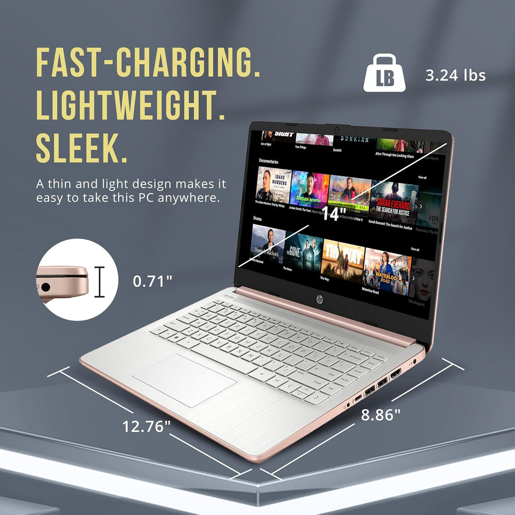 HP Stream 14' HD BrightView Laptop, Intel Celeron N4120, 16GB RAM, 288GB Storage (128GB eMMC + 160GB SSD Docking Station Set), Intel UHD Graphics, HD Webcam, Wi-Fi, 1 Year Office 365, Win 11 S, Gold