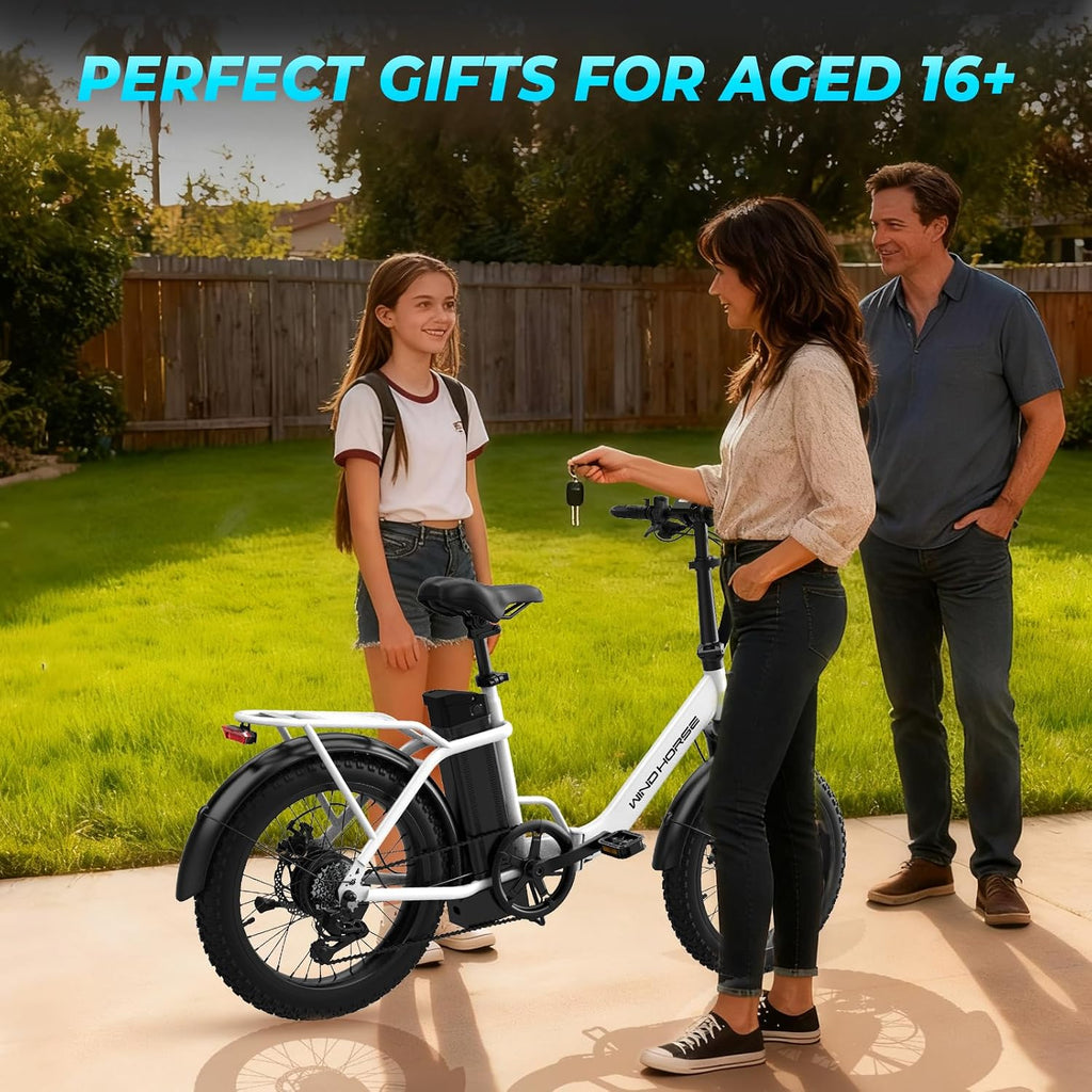 WINDHORSE 20' Folding Electric Bike, 983W Peak Motor, 20MPH, 40–70 Miles, 48V 748.8Wh Removable UL Battery, Front Suspension, Fat Tire E-Bike for Commuting, Beach, All -Terrain | Adults & Teens