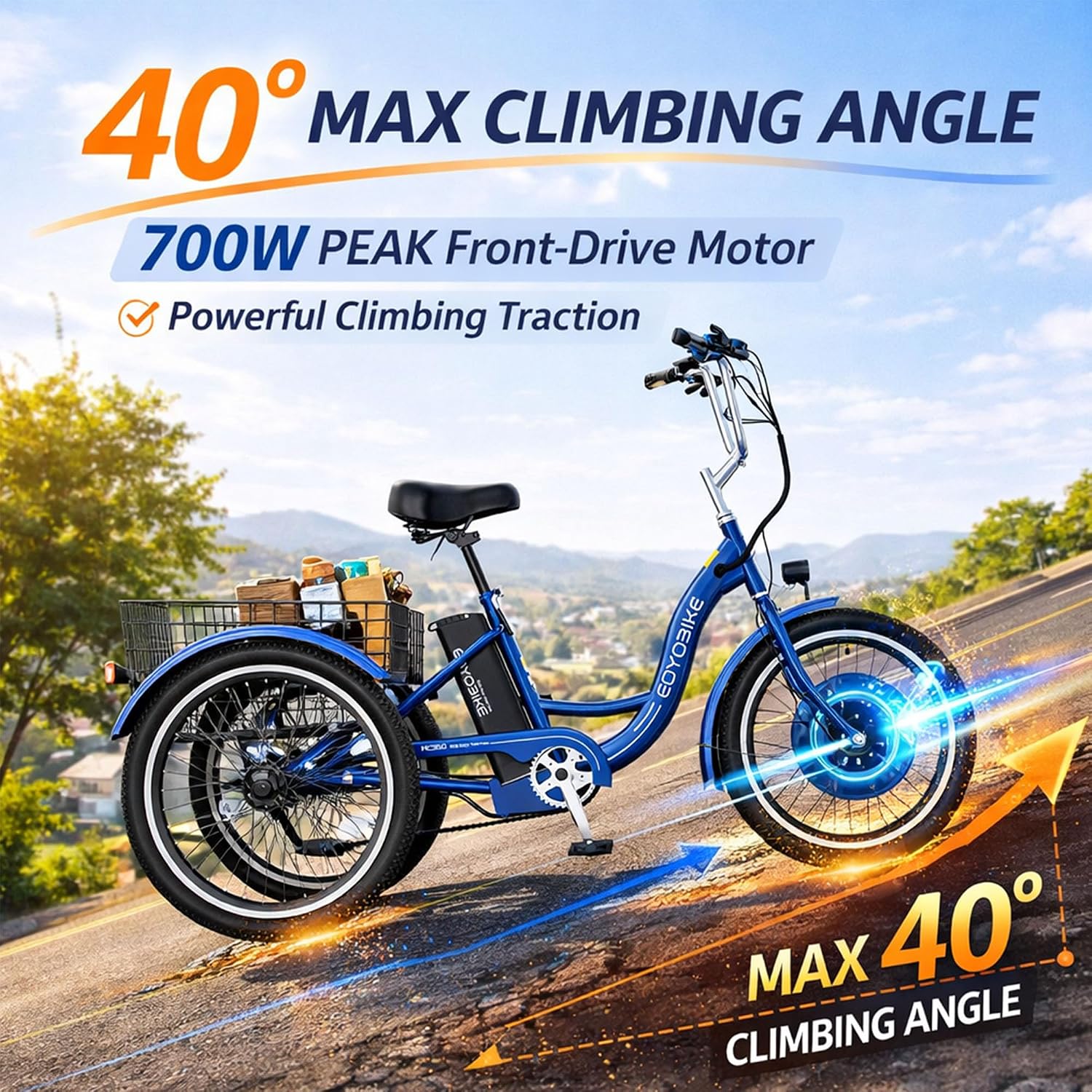 MOONCOOL Adult Electric Tricycle, 350W Front Drive Motor (Peak 700W), 15.5MPH E-Trike, Removable 36V 10.4Ah Battery, Max 60 Miles, 7-Speed 3 Wheel Electric Bike
