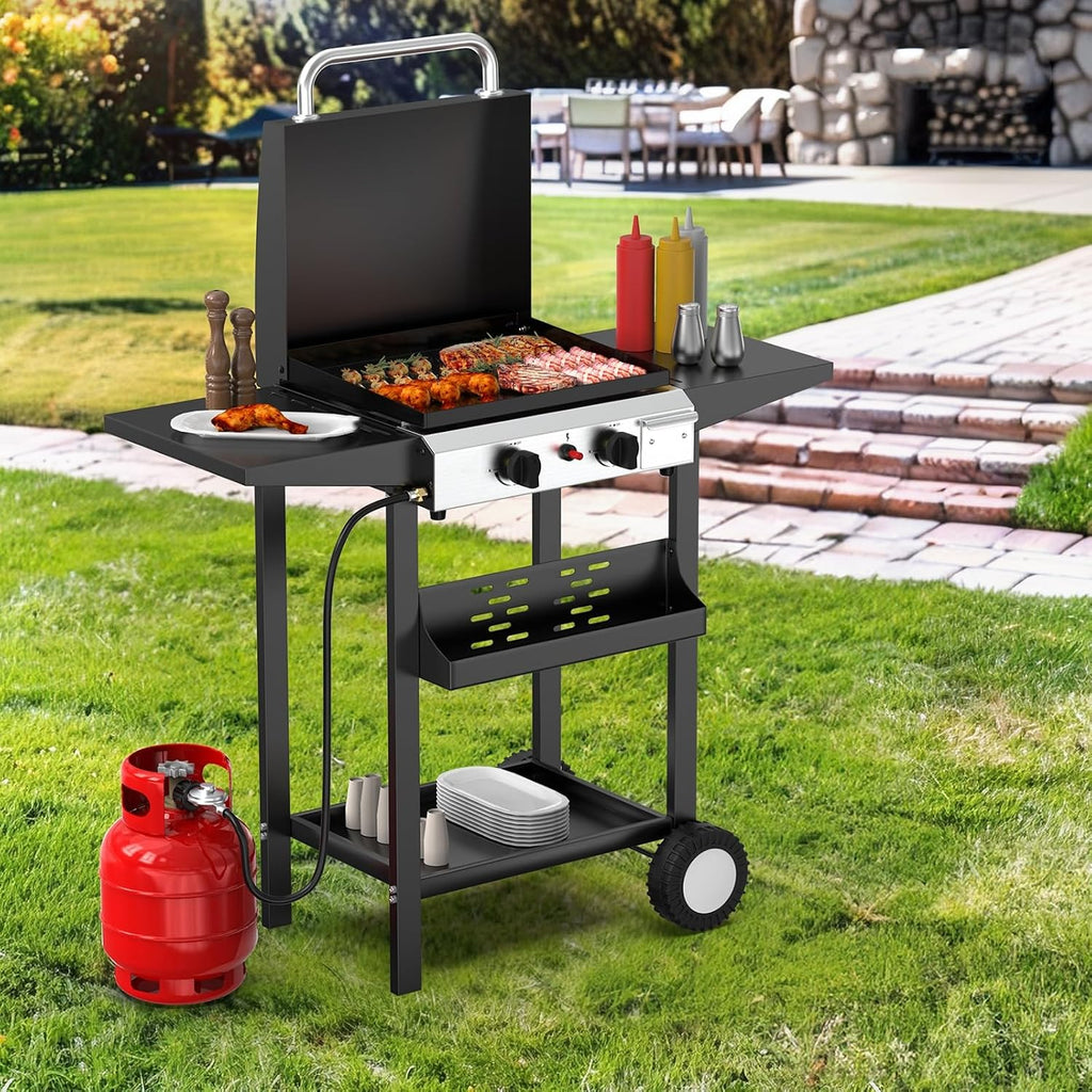 Bonnlo 20000BTU Propane Griddle with Lid and Ignition, Standing Flat Top Gas Grill with Portable Rolling Wheels and Storage Shelf, 2 Burner Camping Cooker for Patio Backyard Outdoor Cooking BBQ
