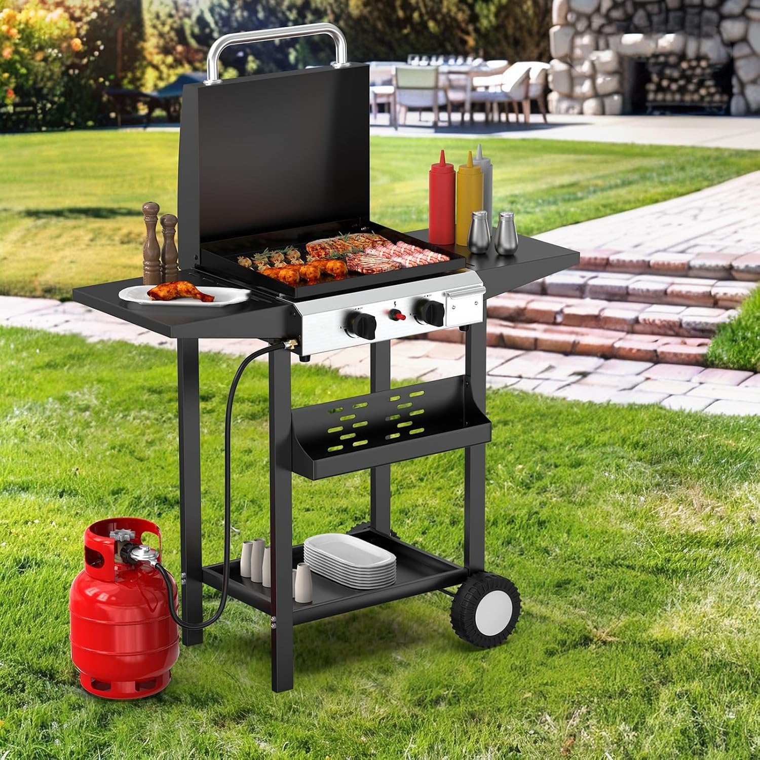 Bonnlo 20000BTU Propane Griddle with Lid and Ignition, Standing Flat Top Gas Grill with Portable Rolling Wheels and Storage Shelf, 2 Burner Camping Cooker for Patio Backyard Outdoor Cooking BBQ