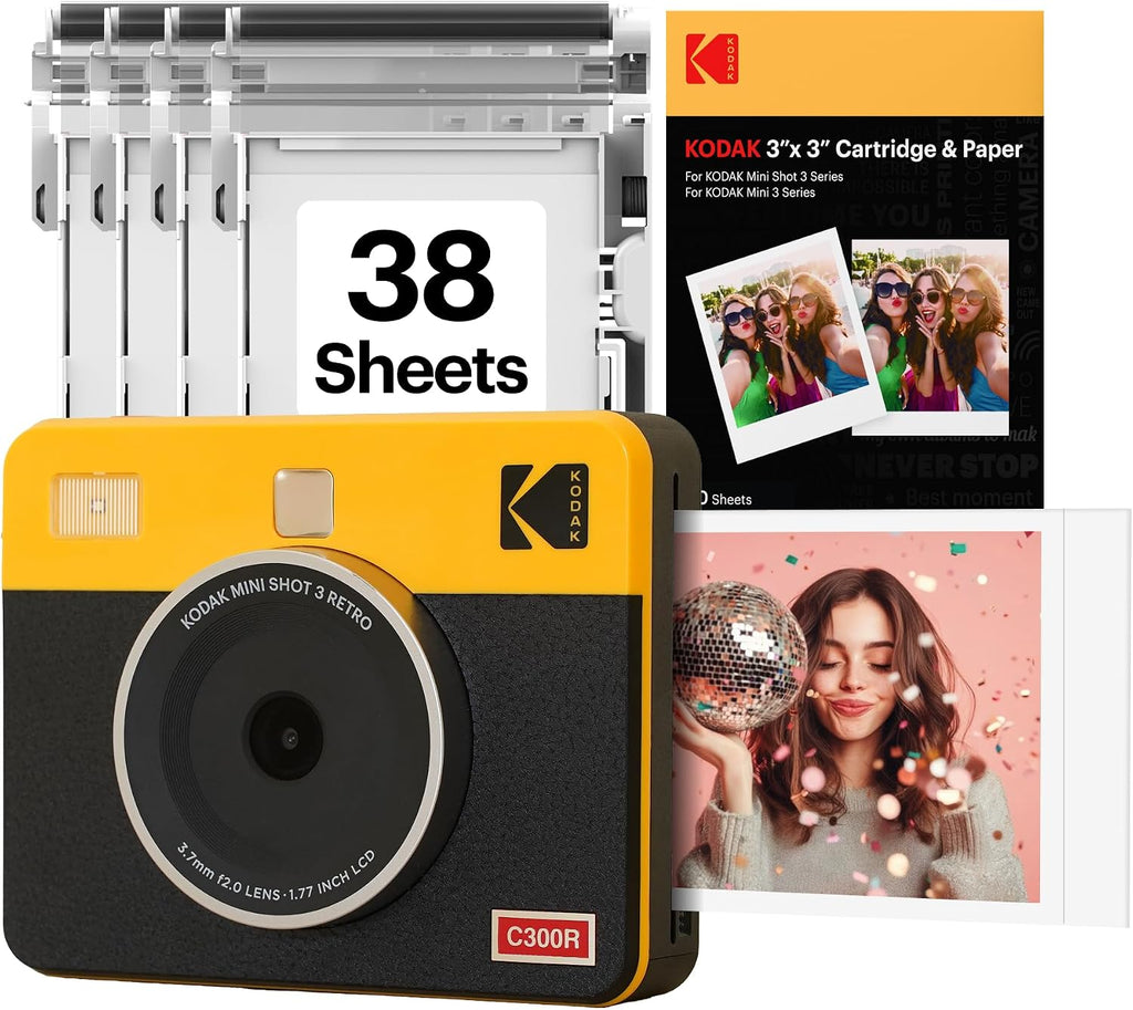 KODAK Mini Shot 3 Retro 3x3' Instant Digital Camera & Photo Printer, 38 Sheets, 2-in-1 Portable Print Camera, Bluetooth Smartphone Printer for iOS & Android, 4PASS Dye Sublimation, Yellow