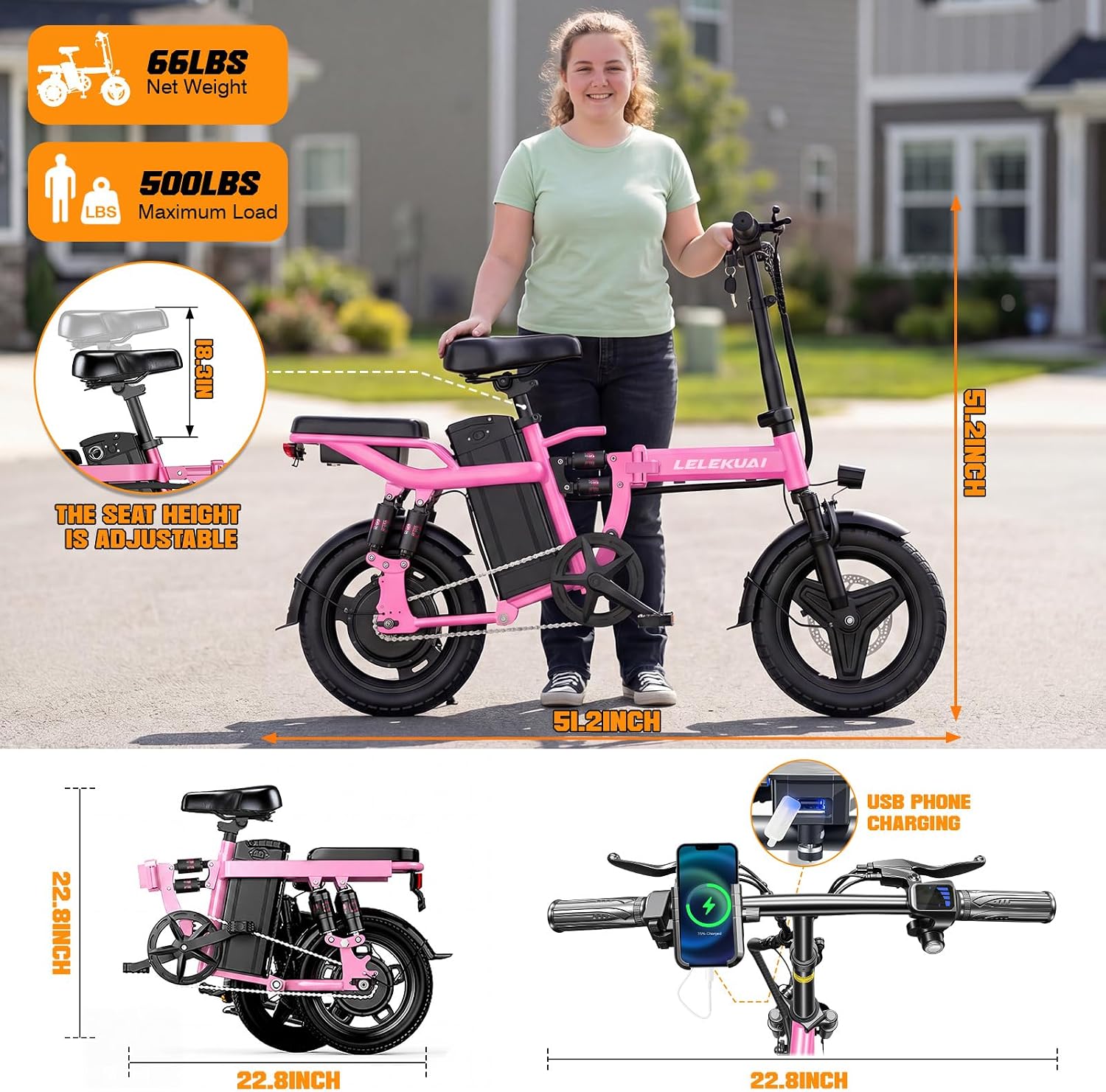 LELEKUAI Electric Bike for Adults, 1200W Peak Motor Commuter Ebike, 20-28MPH Speed, 32 Miles Range, Removable Waterproof Battery, Dual Disc Brakes Electric Bicycle, UL 2849 Certified