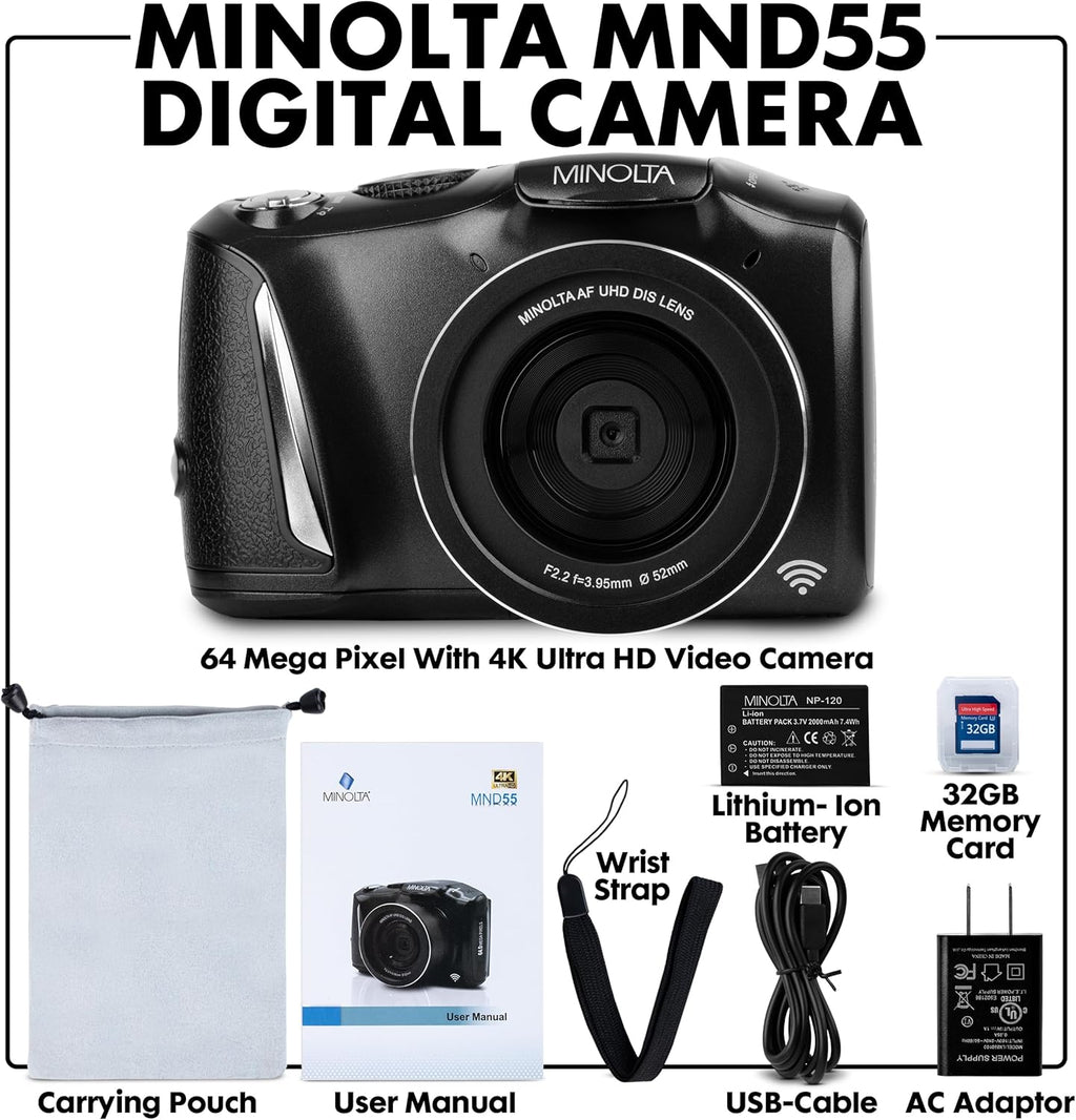Minolta 64MP Digital Camera – 4K Ultra HD Video at 60FPS, 16x Digital Zoom, WiFi, CMOS Sensor, 3-inch LCD Display, Auto Exposure - Includes 32GB Memory Card, Rechargeable Battery (Black)