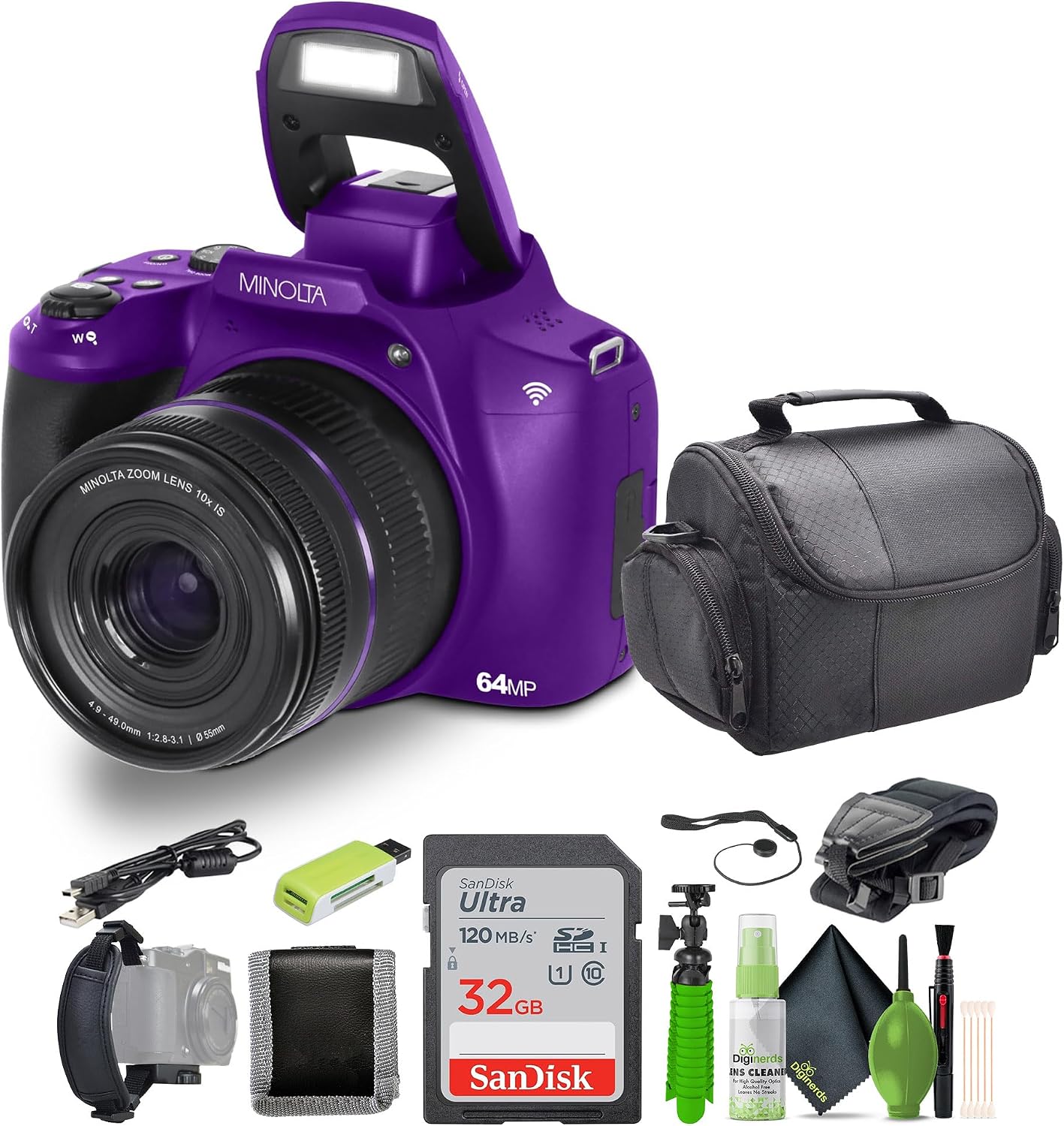 Minolta 64 Mega Pixels Auto Focus Digital Camera with 10x Optical Zoom,4K Ultra HD Video and Macro Shooting, Bundle with 32 GB Memory Card + Vlogging Tripod + Cleaning kit + More Accessories - Purple