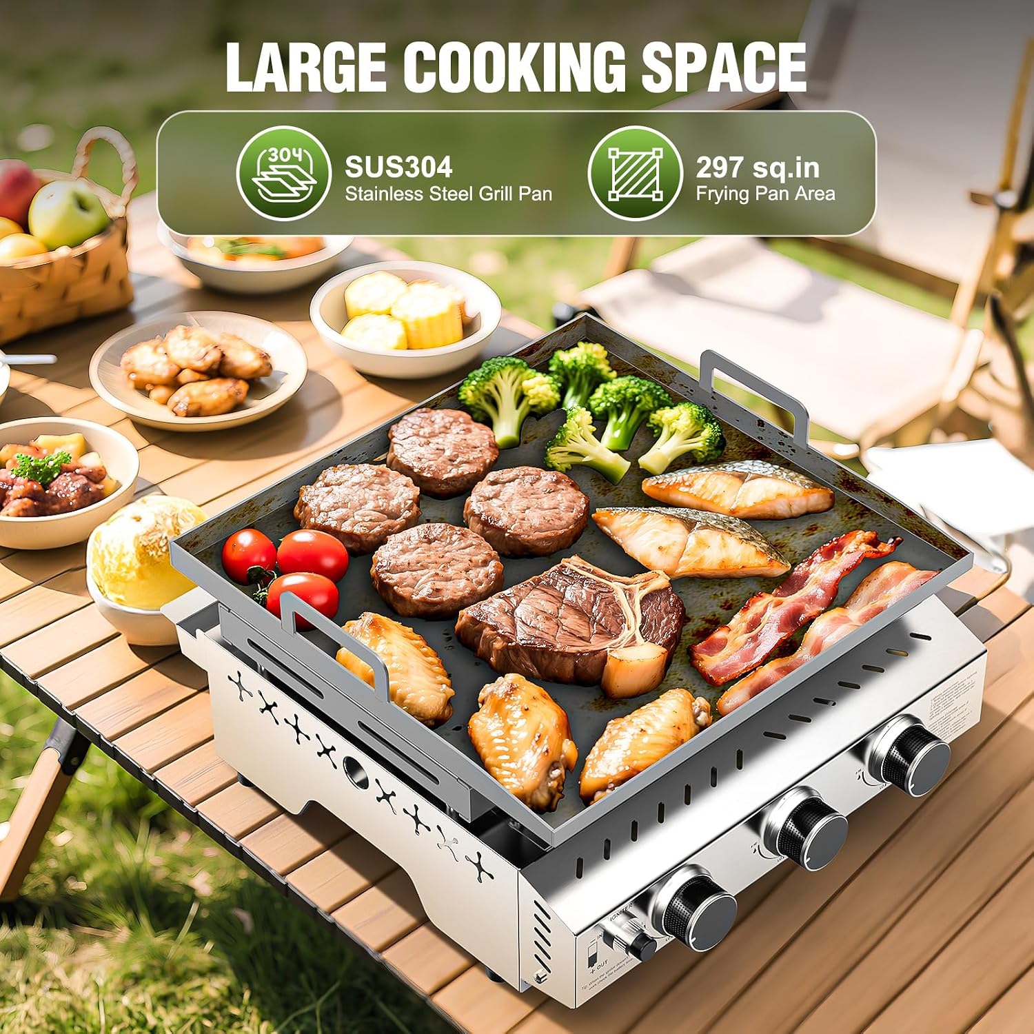 COWSAR Stainless Steel Portable Grill with 3 Burners, 24 Inch Tabletop Gas Grill with Cooking Grate for Camping, Outdoor Cooking, Patio&Garden