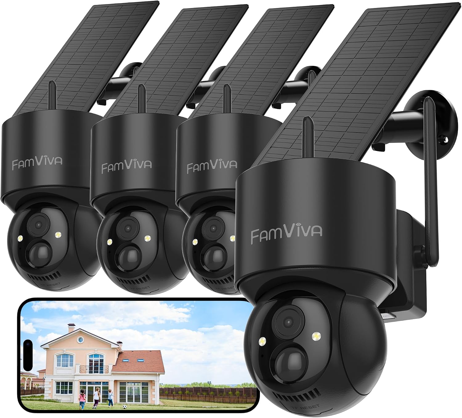 2K Solar Security Cameras Wireless Outdoor, 360°PTZ Battery Powered Cameras for Home Security, 2.4G WiFi Outdoor Camera with Color Night Vision, IP66 Waterproof, Motion Sensor Alarm, Black-4P