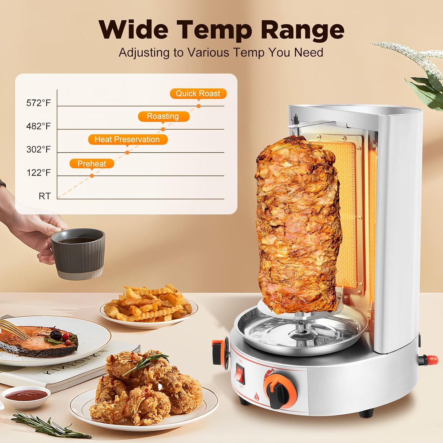 Gas Shawarma Machine Countertop Rotating Doner Kebab Oven Broiler Gyro Maker 360° Rotating Vertical Broiler With 2 Burners, 3000w Efficient Heating For Home/Outdoor Bbq, Kebab/Doner/Grill