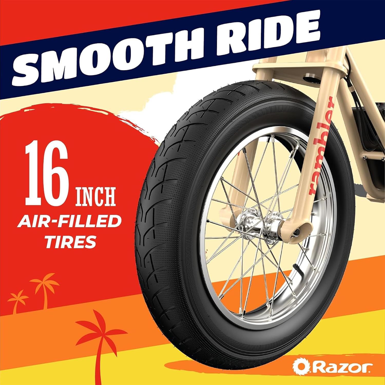 Razor Rambler 16 Electric Retro Mini Bike Ride for Teens Ages 18+, 220 lb Max Weight, Tan – 350W Motor, Up to 15.6 Mph, 45-Min Run Time, Twist-Grip Throttle, Spoked Wheels w/ 16' Pneumatic Tires