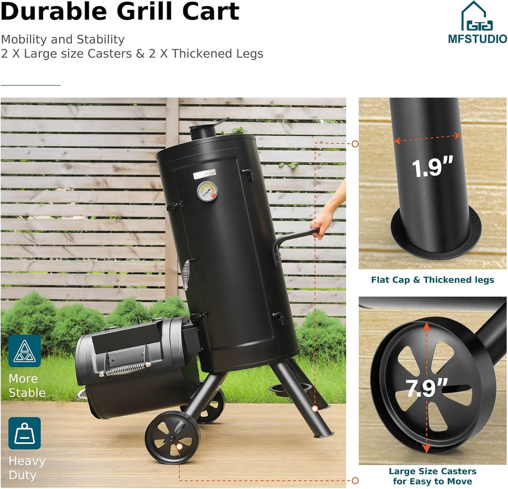 MFSTUDIO Vertical Offset Smoker Grill, Extra Large Barrel Charcoal Grill with Smoker Combo for BBQ Smoking, 961 SQ.IN.