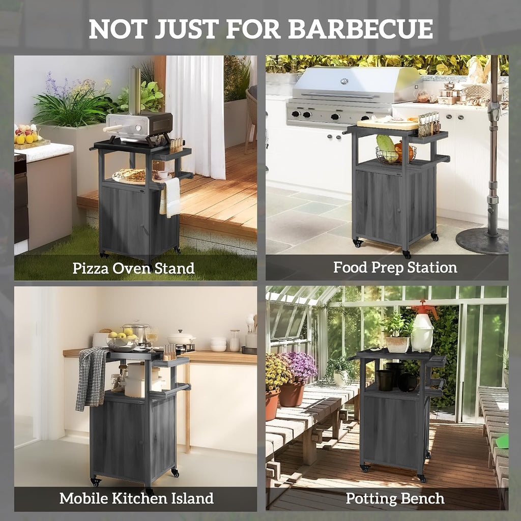 Outsunny Outdoor Grill Cart with Wheels, Stainless Steel Top, Solid Wood Outdoor Kitchen Island with Storage Cabinet, Integrated Hole, Movable Bar Cart with Spice Rack, Side Handle for BBQ, Dark Gray