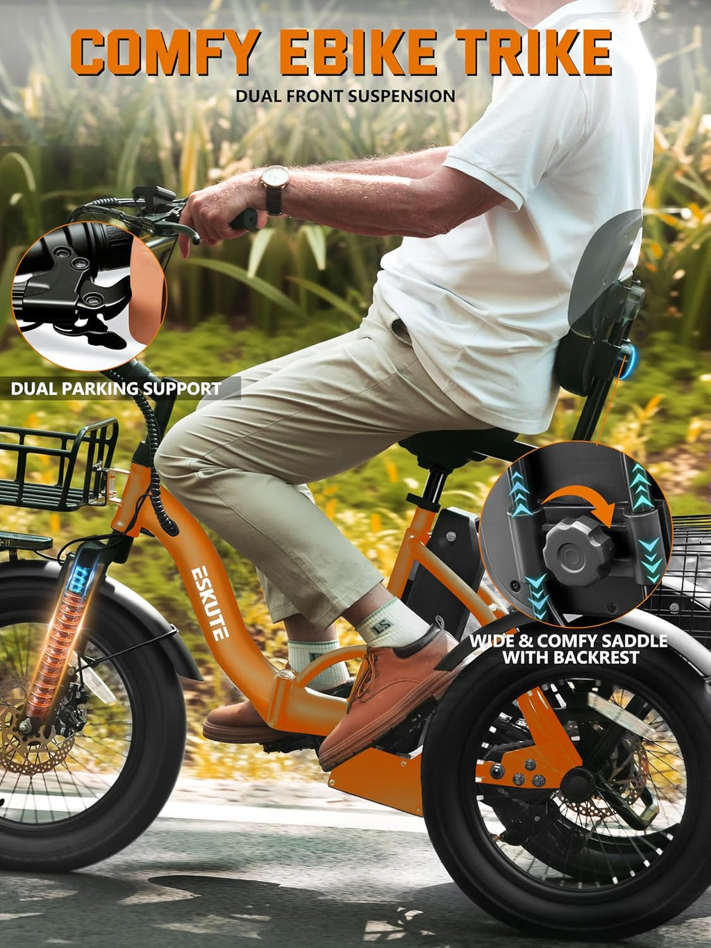 ESKUTE E Trike Electric Bike, Peak 1200W Brushless Motor Folding Trike 18X3.0 Fat Tire Ebike, 624Wh Removable Battery, Step-Thru 3 Wheel Electric Bicycle, Up to 55 Miles, 18MPH+ Tricycle for Adults