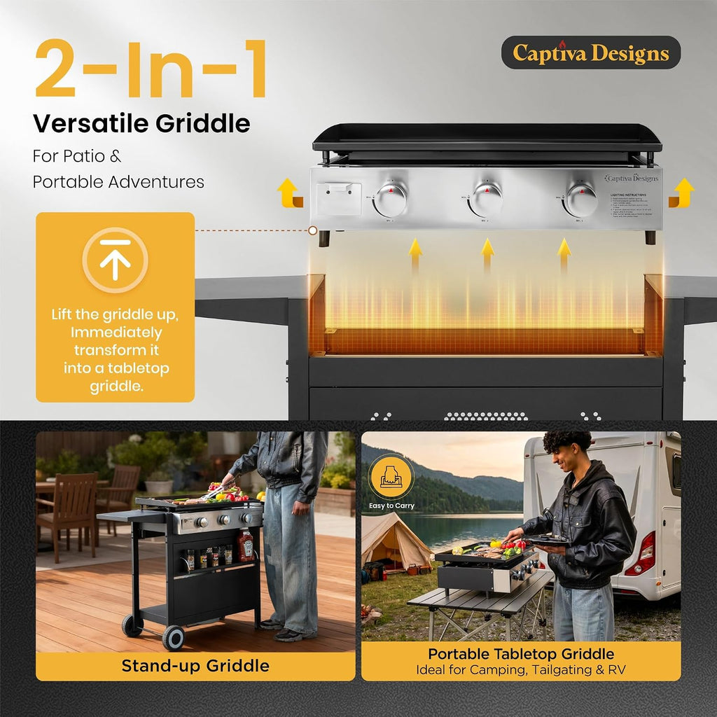 Captiva Designs 27 in Flat Top Griddle Grill with Ceramic Coated Cast Iron Pan, 3-Burner Propane Gas Griddle Grill, 33,000 BTU Output Flattop Grills for Outdoor Barbecue, Cooking and Party