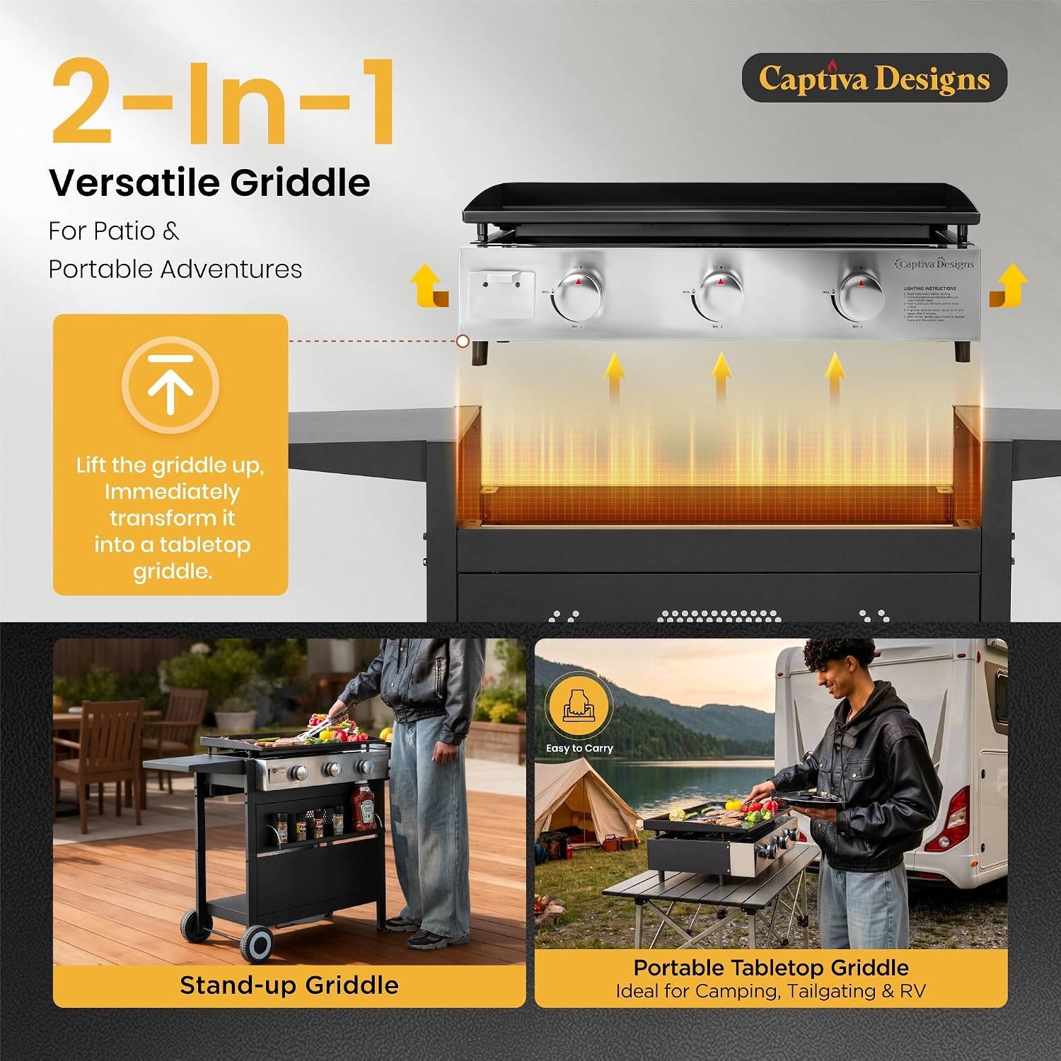 Captiva Designs 27 in Flat Top Griddle Grill with Ceramic Coated Cast Iron Pan, 3-Burner Propane Gas Griddle Grill, 33,000 BTU Output Flattop Grills for Outdoor Barbecue, Cooking and Party