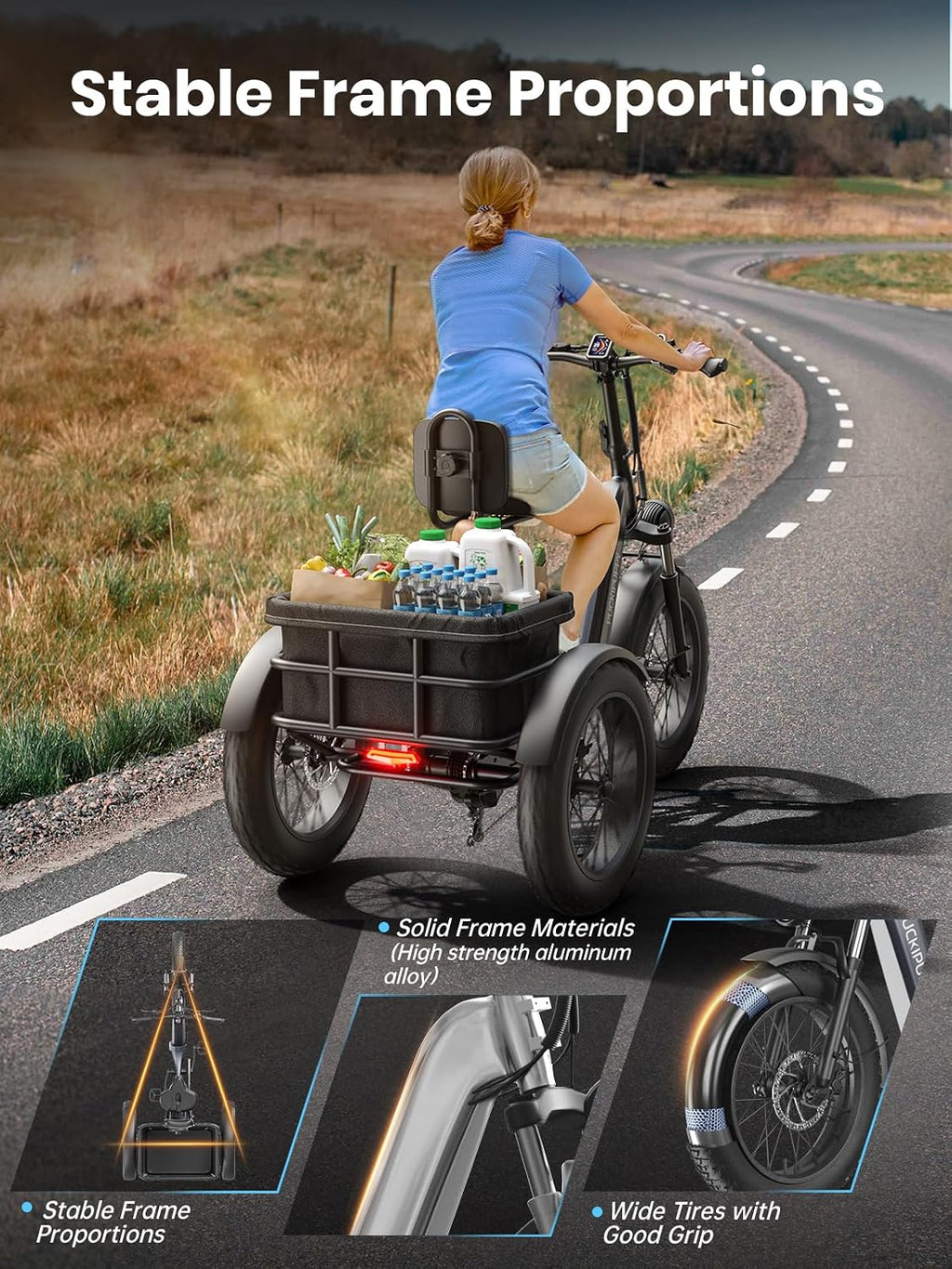 Electric Trike for Adult with 960W Peak Motor, 48V 17.4AH Cells Battery, Pickup Class 500 LB Load Electric Tricycle with 20' Fat Tire and Large Basket, 60 Miles Range, for City and Mountain Road