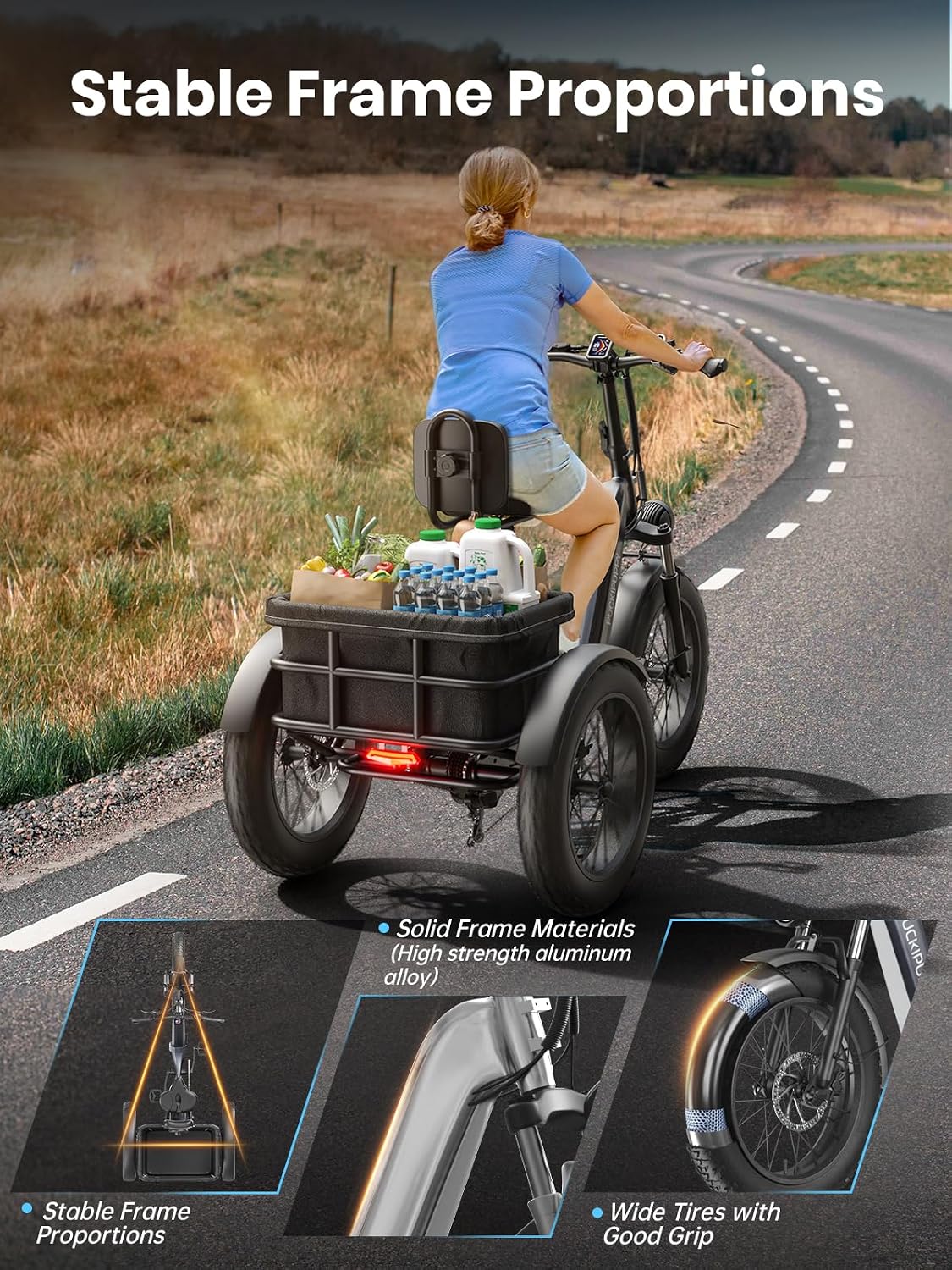 Electric Trike for Adult with 960W Peak Motor, 48V 17.4AH Cells Battery, Pickup Class 500 LB Load Electric Tricycle with 20' Fat Tire and Large Basket, 60 Miles Range, for City and Mountain Road