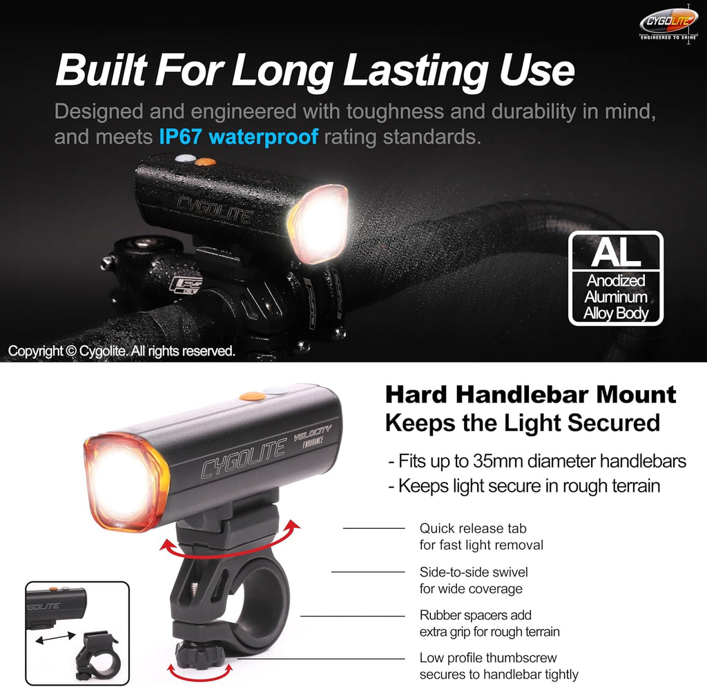 Cygolite Velocity 1600, 1200, 1000, 800 Lumen USB-C Bike Lights – Anodized Aluminum Alloy – 9 Light Modes – Fine Tunable Brightness - Compact, IP67 Waterproof – Hard Mount – Road & Mountain