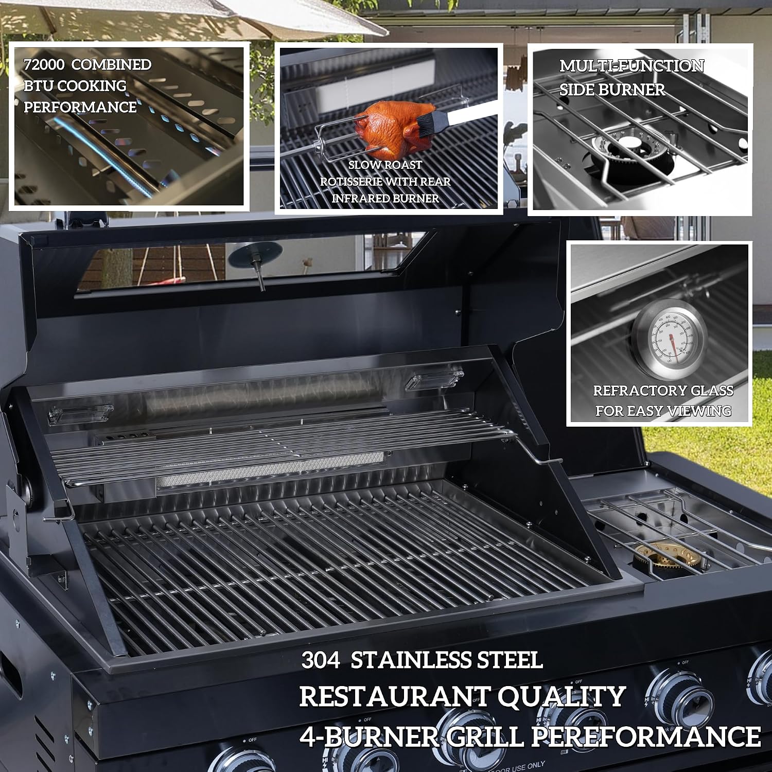 104' Stainless Steel Outdoor Kitchen Island Grill, 4-Burner 72000 BTU, Wine Cooler Refrigerator, Rotisserie Kit, Granite Countertops, Sink, Glide Wheels, For Backyard BBQ, Black