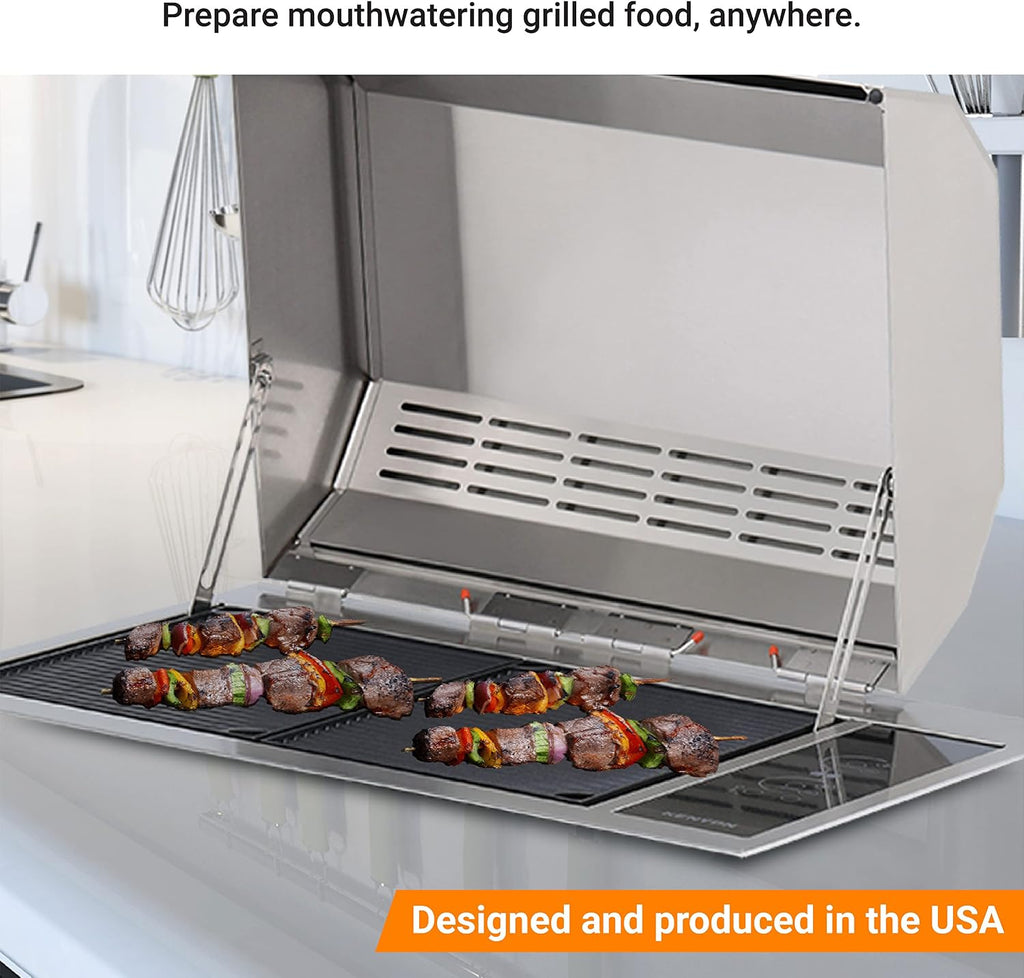 Kenyon Texan Built-In Electric Grill with Faceted Single Piece Lid and Standard Lite Touch Control, Stainless Steel Body, UL-Approved for Use Indoors and Outdoors, No-Flame Grill, 240 Volts