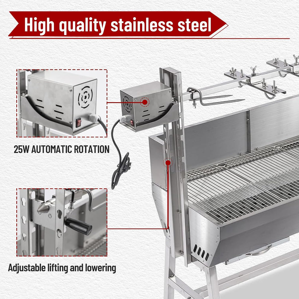 37' Electric Rotisserie Grill, Pig Lamb Spit Roaster Stand Rotisserie 132 Lbs Capacity With Adjustable Height, BBQ Charcoal Rotisserie Grill Kit Stainless Steel For Outdoor Party Camping