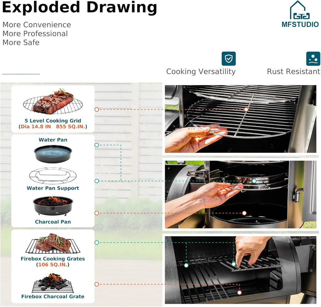 MFSTUDIO Vertical Offset Smoker Grill, Extra Large Barrel Charcoal Grill with Smoker Combo for BBQ Smoking, 961 SQ.IN.