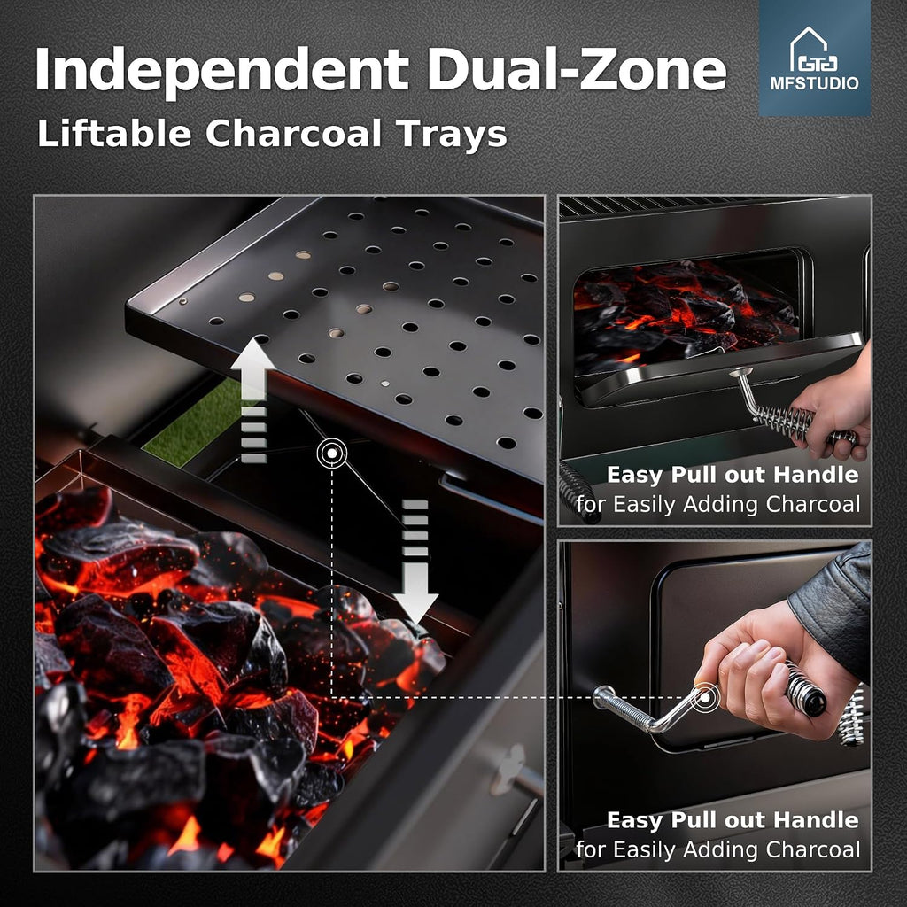 MFSTUDIO 49' 2 in 1 Charcoal Grill & Smoker Combo, Outdoor Grill with Enamel Coated Charcoal Tray, 1015 SQ.IN Cooking Area, Adjustable Top Vent and Chimney for Outdoor Grilling