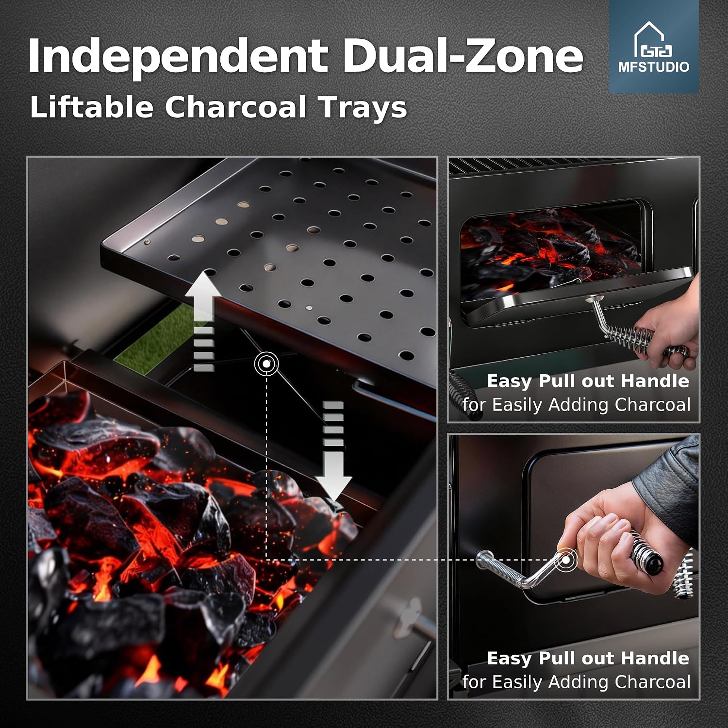 MFSTUDIO 49' 2 in 1 Charcoal Grill & Smoker Combo, Outdoor Grill with Enamel Coated Charcoal Tray, 1015 SQ.IN Cooking Area, Adjustable Top Vent and Chimney for Outdoor Grilling