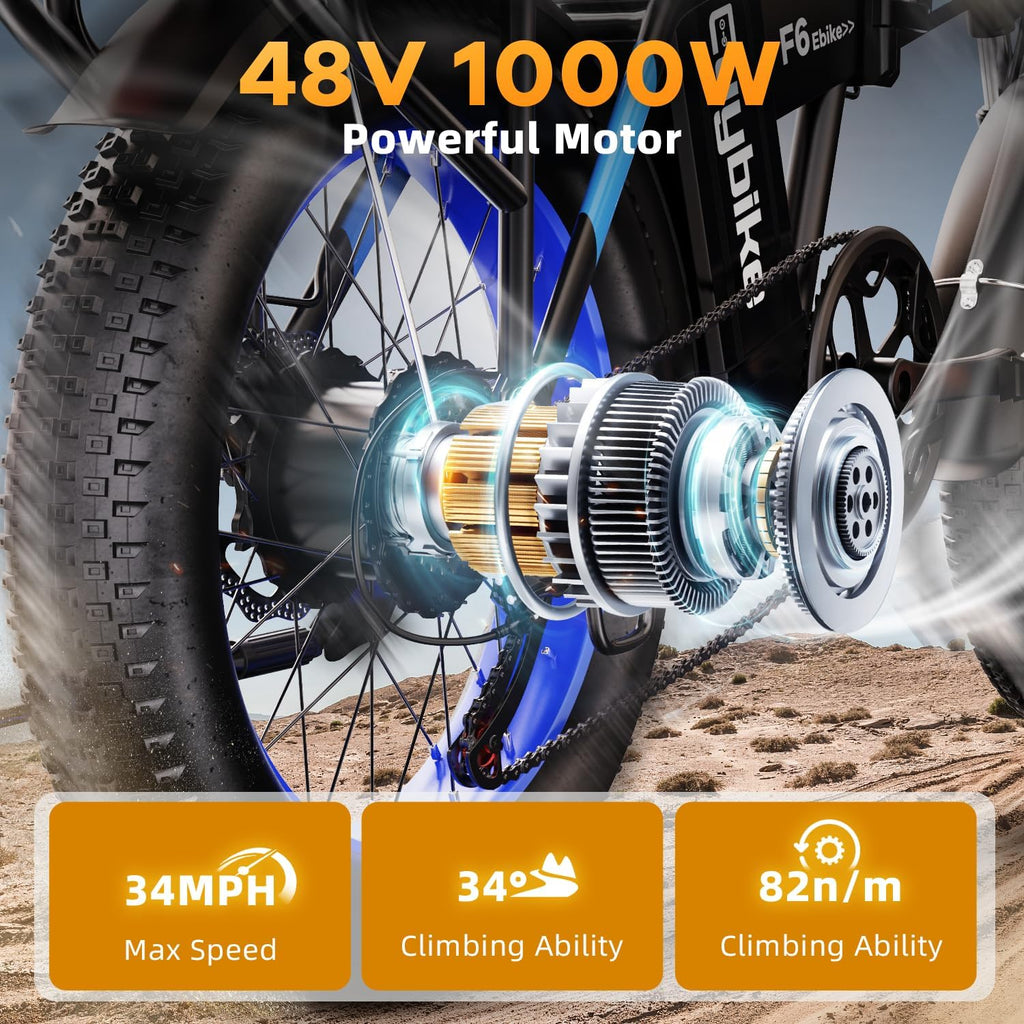 bluebiko 1000W Folding Electric Bike, 48V 20AH Large Removable Battery E Bike, 80 Miles Max Range, 20' Fat Tire Electric Bike for Adults, Adult Electric Bicycles for Commute Beach Snow