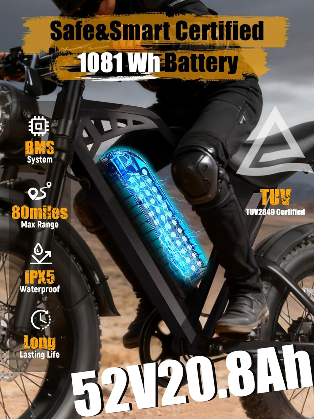 ESKUTE V200 Electric Dirt Bike for Adults,52V20.8Ah Battery,20' x4.0 Fat Tire,32MPH,NFC Unlock Color Display,7-Speed Dual Suspension,Dirt E-Bike,80 Miles, Streamlined Frame, E-Bike for Youth & Adults