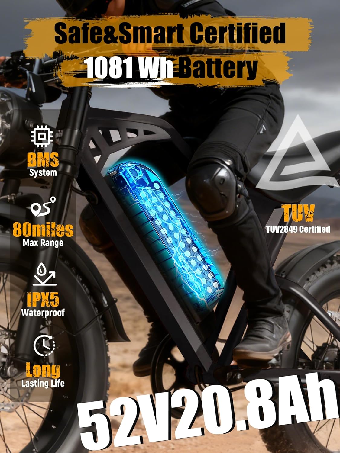 ESKUTE V200 Electric Dirt Bike for Adults,52V20.8Ah Battery,20' x4.0 Fat Tire,32MPH,NFC Unlock Color Display,7-Speed Dual Suspension,Dirt E-Bike,80 Miles, Streamlined Frame, E-Bike for Youth & Adults