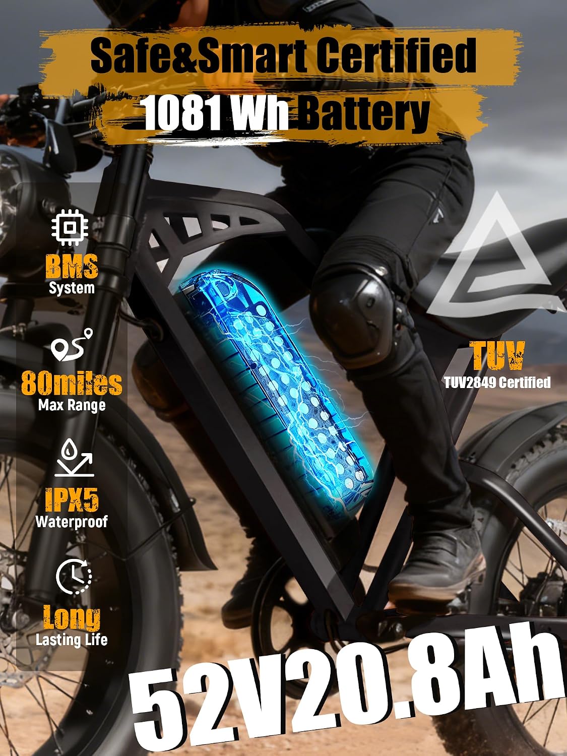 ESKUTE V200 Electric Dirt Bike for Adults,52V20.8Ah Battery,20' x4.0 Fat Tire,32MPH,NFC Unlock Color Display,7-Speed Dual Suspension,Dirt E-Bike,80 Miles, Streamlined Frame, E-Bike for Youth & Adults