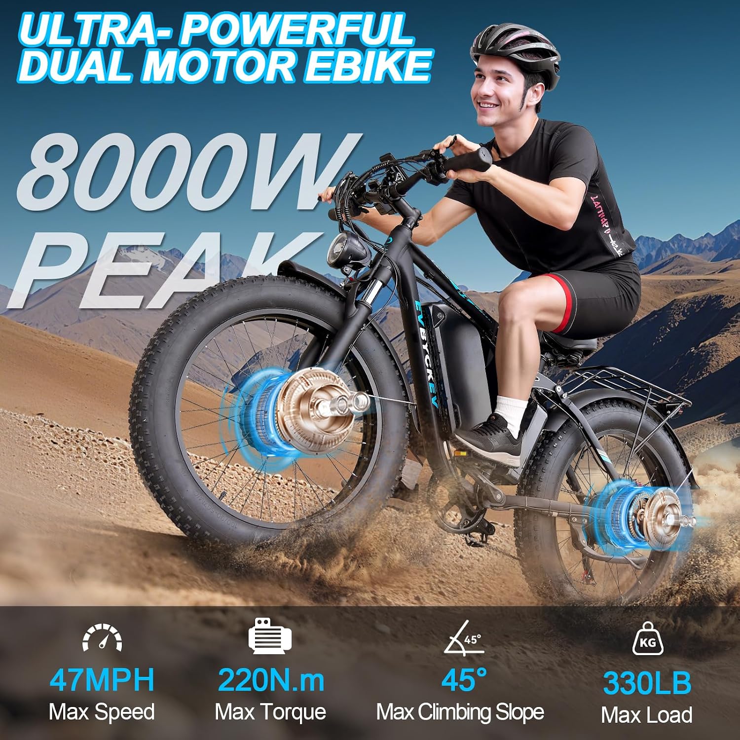 8000W Peak Dual Motor Ebike,58V Max 34Ah Adults Electric Bike,Up to105 Miles Range 47MPH Top Speed Fast Ebike,Full Suspension 24Inches Fat Tires Mountain E Bicycle for Sand Snow Beach&Off-Road