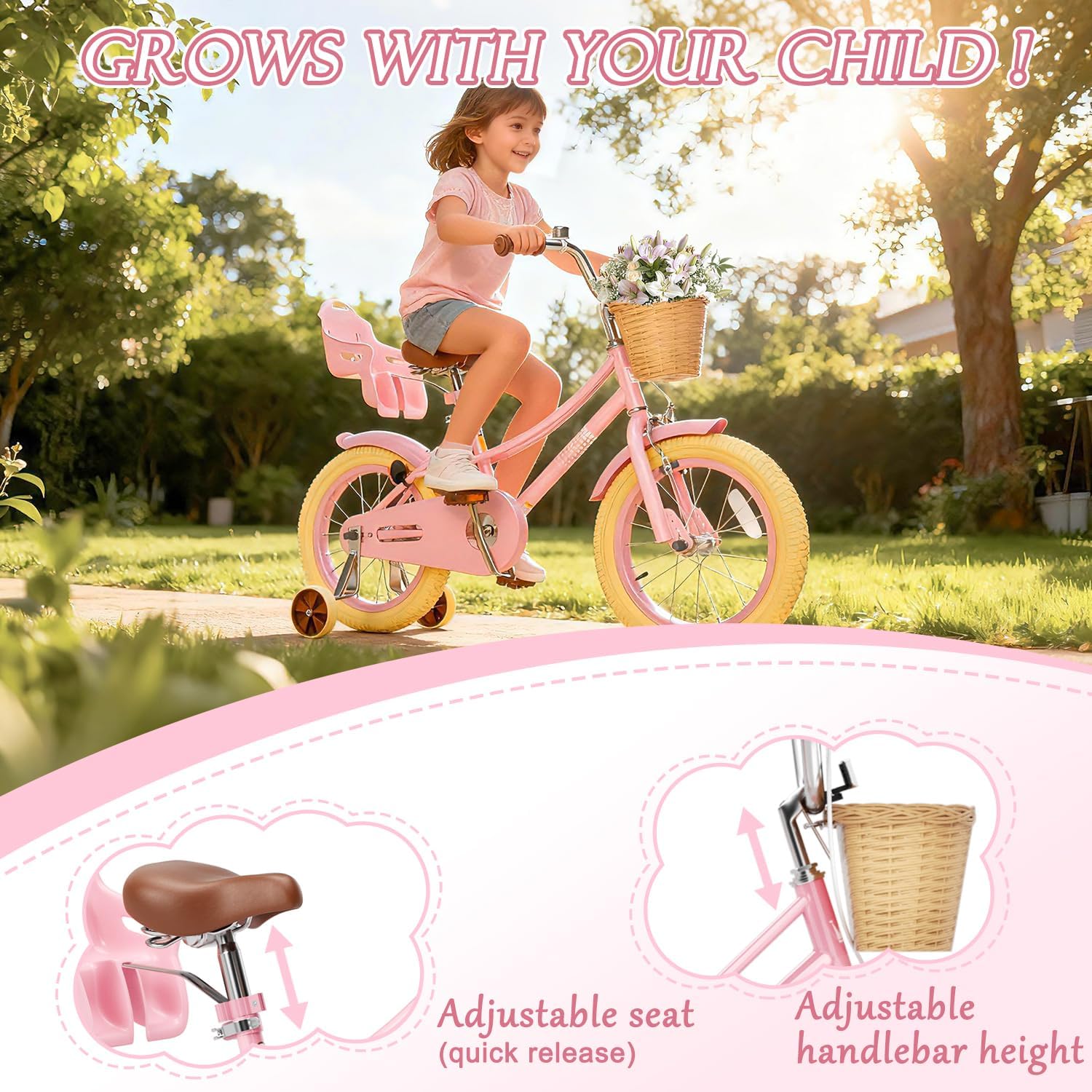 Glaf Toddler Girls Bike 12 14 16 20 Inch Girls Bike with Training Wheels Age 2-12 Years Old Bicycle Kids Bike with Basket and Doll Seat Adjustable Seat