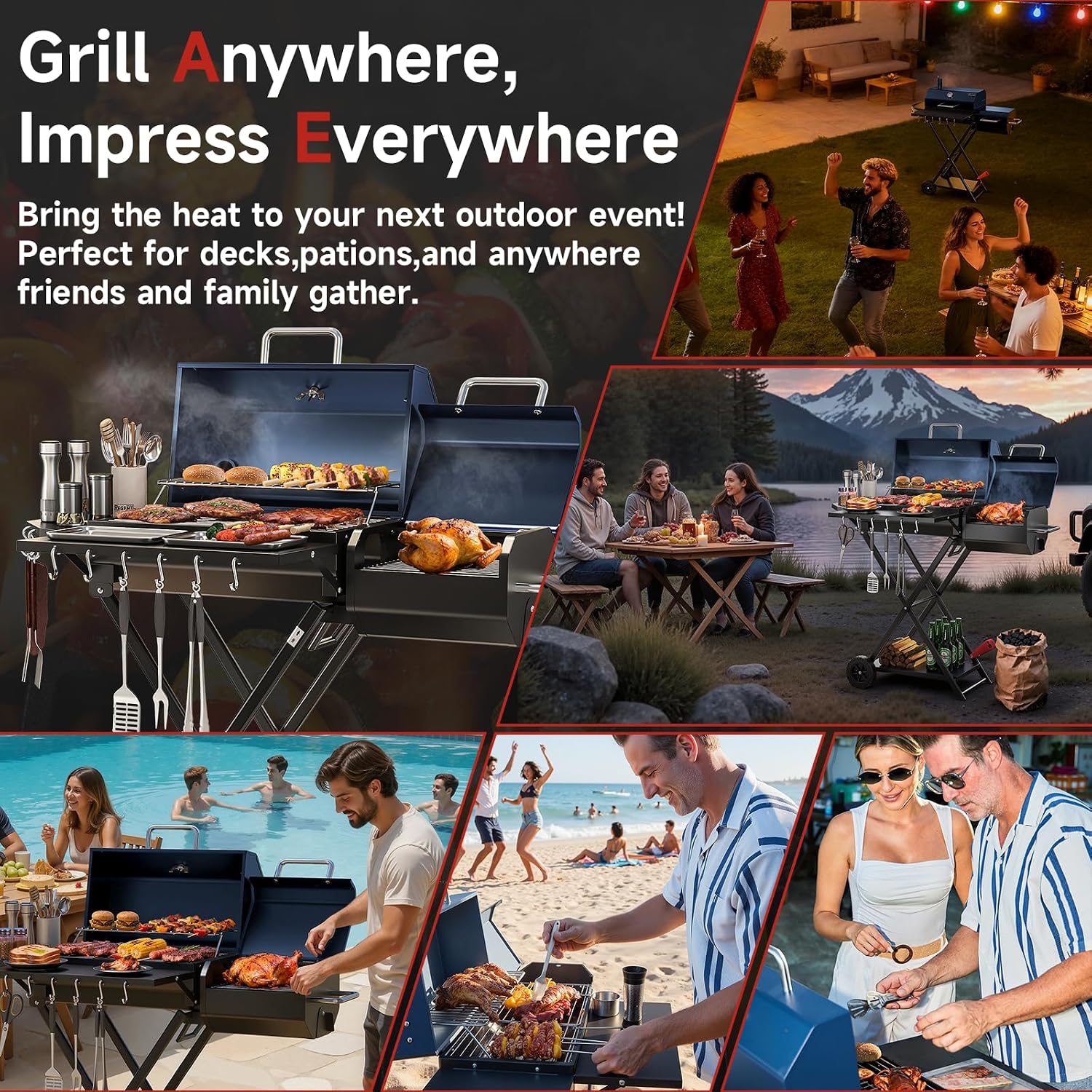 Portable Charcoal Grill with Smoking Function, Foldable Suitcase Design with Wheels, Multi-Tier Storage Rack & Waterproof Cover for Outdoor BBQ Parties (Blue)