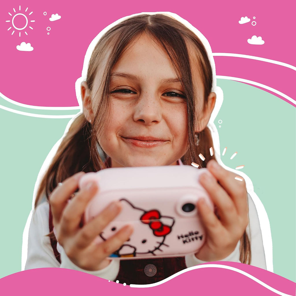 kiimento Sanrio Licensed Instant Print Digital Camera, Best Travel Buddy Hello Kitty, 2.4' HD Screen, Ink-Free B&W Printing, Selfie Lens, 1080p Video, 32GB Memory Card (Model P)