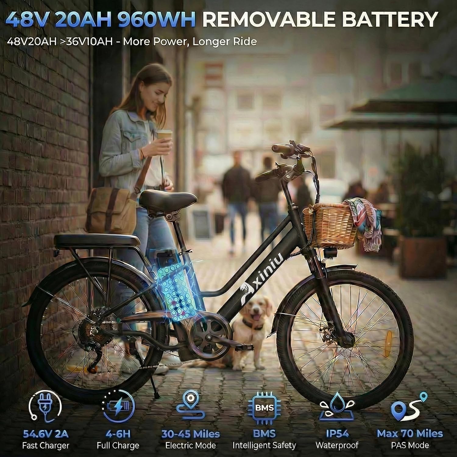 24 Inch Electric Bike for Adults, Step Through Ebike for Women, Peak 1000W Motor 22MPH, 48V 20AH Removable Battery Up to 70 Miles, 7 Speed Dual Shock Absorber, City Cruiser Commuter Bicycle