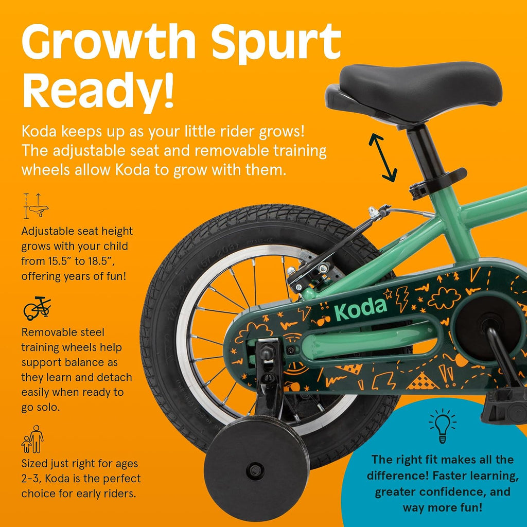 Retrospec Koda Plus Kids Bike for Boys & Girls Ages 2-3 Years - Children's Bicycle, Adjustable Seat & Handlebars, Removable Training Wheels, Front Hand Brakes, Rear Coaster Brake & Safety Bell