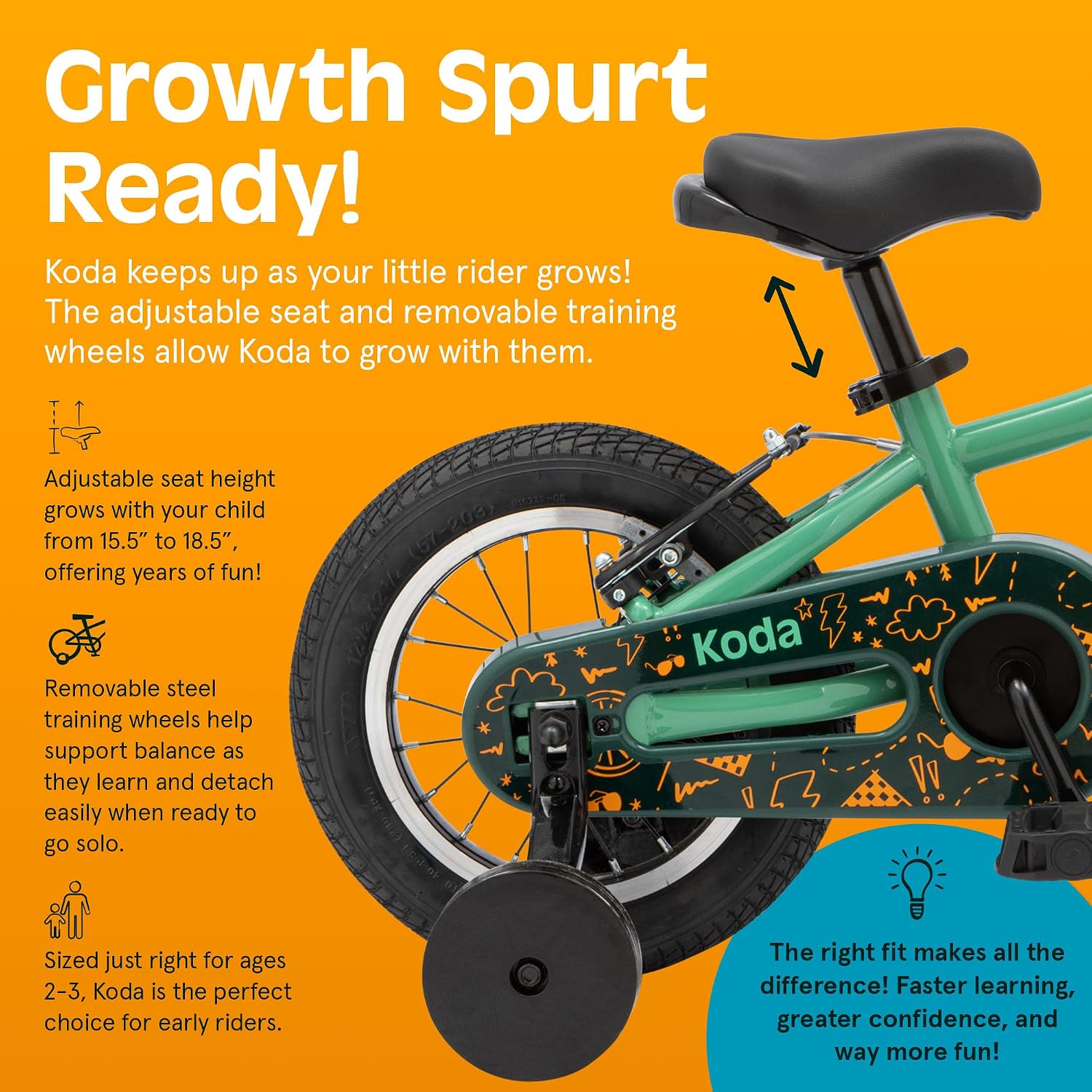 Retrospec Koda Plus Kids Bike for Boys & Girls Ages 2-3 Years - Children's Bicycle, Adjustable Seat & Handlebars, Removable Training Wheels, Front Hand Brakes, Rear Coaster Brake & Safety Bell