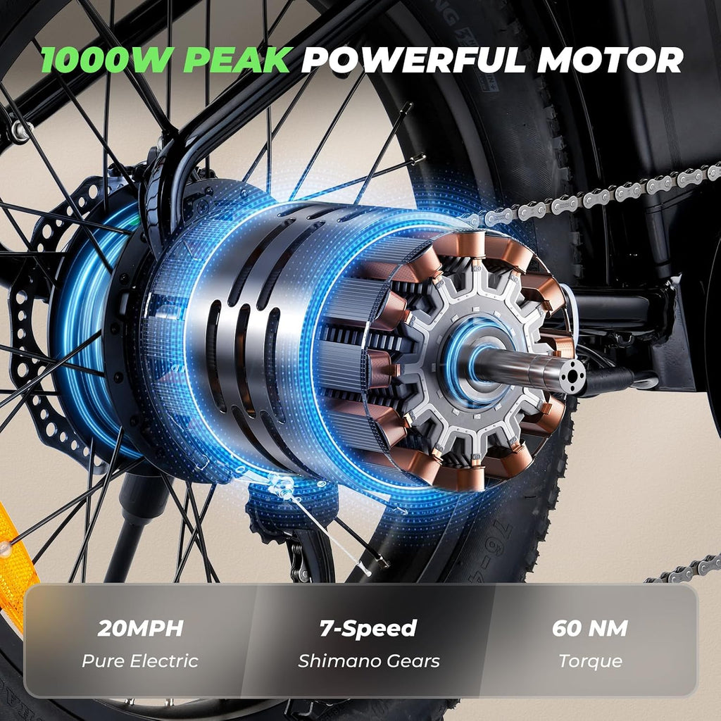 isinwheel U7 E Bike for Adults Electric Bike with Dual Cargo Rack, 48V 1000W Peak Ebikes for Adults, 7 Speed Gear, 20mph Step Thru Cruiser Electric Bicycles, 20' × 3' Fat Tire Ebike