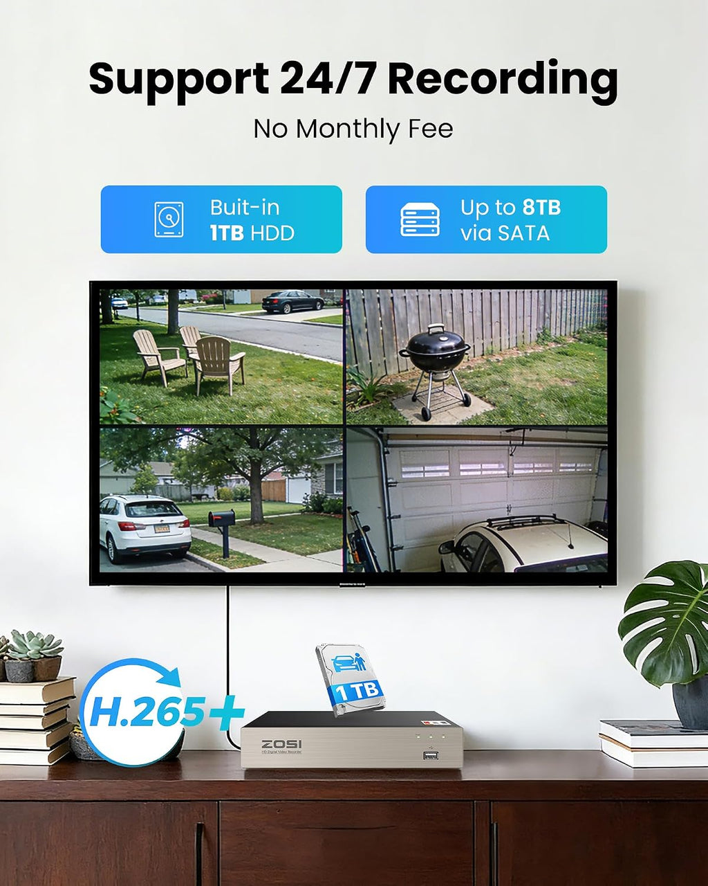 ZOSI 3K Lite Home Security Camera System with Audio, AI Human/Vehicle Detection, Night Vision, 8pcs 1920TVL Outdoor Metal Bullet Cameras, 8CH H.265+ CCTV DVR with 1TB HDD for 24/7 Recording