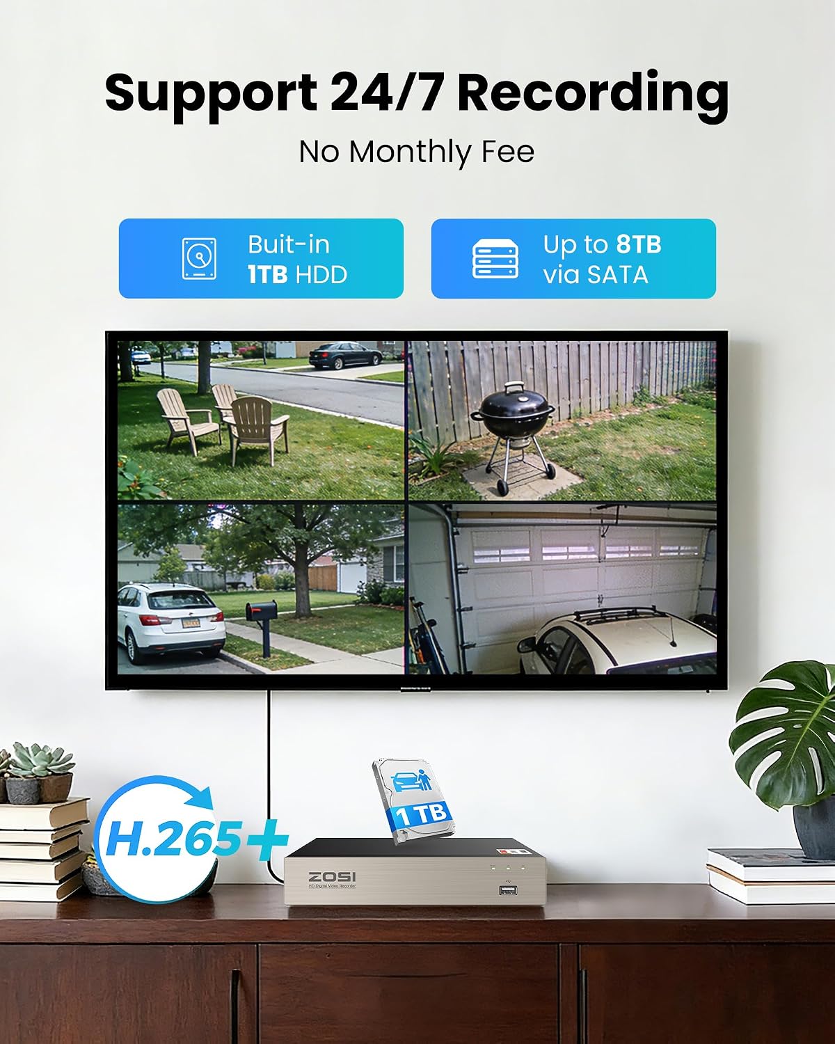 ZOSI 3K Lite Home Security Camera System with Audio, AI Human/Vehicle Detection, Night Vision, 8pcs 1920TVL Outdoor Metal Bullet Cameras, 8CH H.265+ CCTV DVR with 1TB HDD for 24/7 Recording