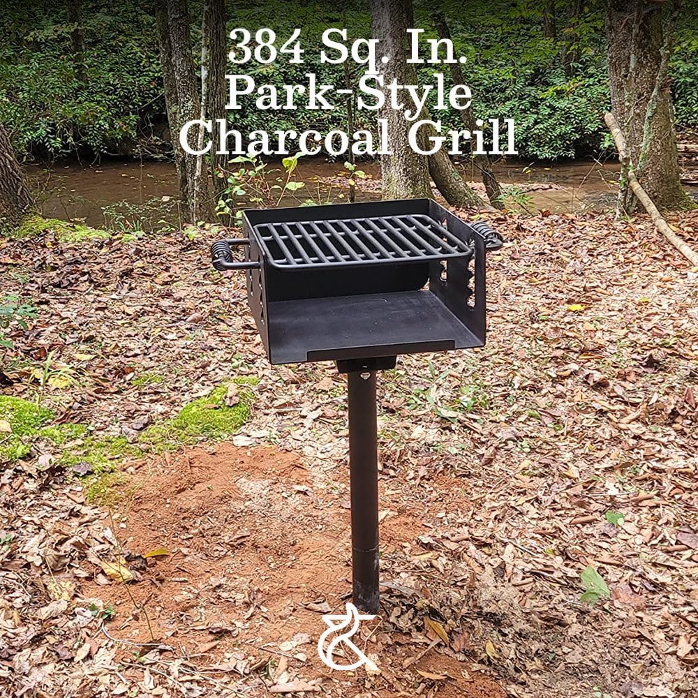 Ash & Ember 384 Sq. In Park-Style Charcoal Grill, Single Post Barbeque Grill, Adjustable Grate Height with Spring Handles, Outdoor Camping & Backyard BBQ Cookout
