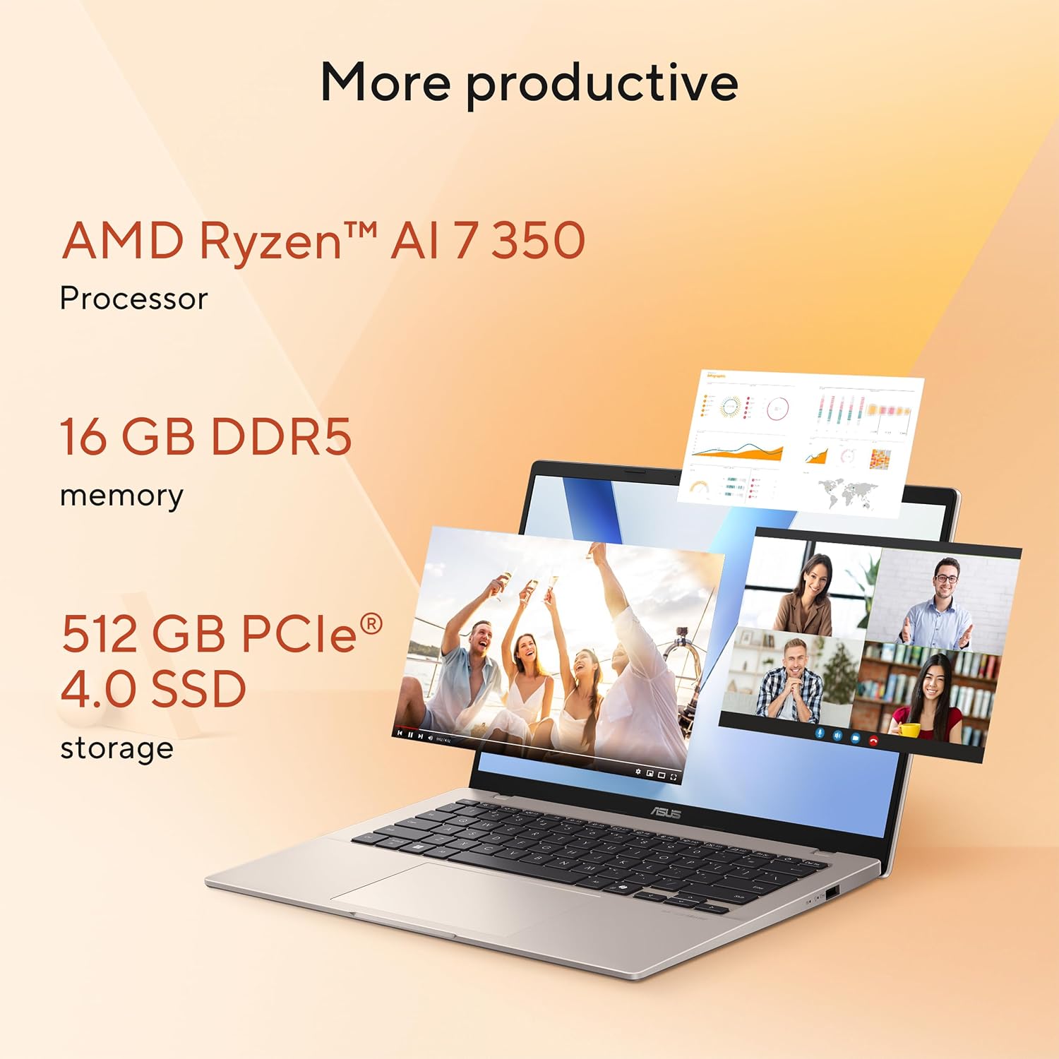 ASUS Vivobook 14 Laptop, Copilot+ PC, 14' WUXGA 60Hz Display, AMD Ryzen AI 7 350 with XDNA NPU, AMD Radeon Graphics, 16GB RAM, 512GB SSD, Platinum Gold, M1407KA-PS74
