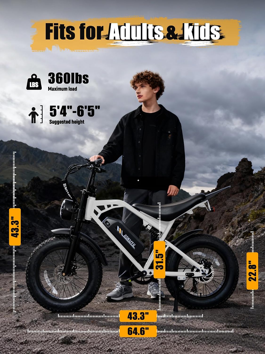 ESKUTE V200 Electric Dirt Bike for Adults,52V20.8Ah Battery,20' x4.0 Fat Tire,32MPH,NFC Unlock Color Display,7-Speed Dual Suspension,Dirt E-Bike,80 Miles, Streamlined Frame, E-Bike for Youth & Adults