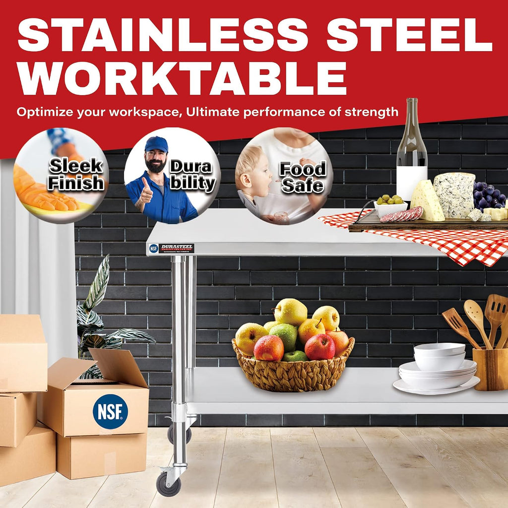 DuraSteel 24x60 NSF Stainless Steel Cart - Heavy Duty Food Prep Table with Undershelf - Rolling Kitchen Island on Wheels for Commercial Restaurant Kitchen, Garage, Outdoor Cooking, BBQ Grill, Counter