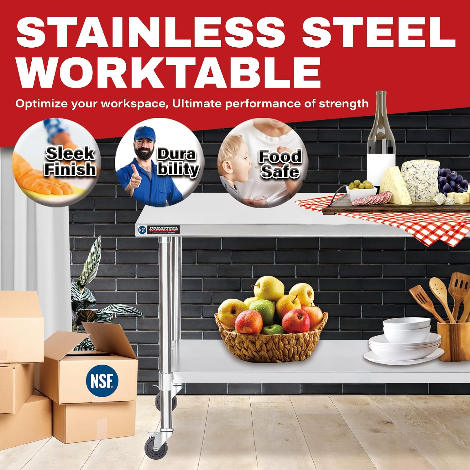 DuraSteel 24x60 NSF Stainless Steel Cart - Heavy Duty Food Prep Table with Undershelf - Rolling Kitchen Island on Wheels for Commercial Restaurant Kitchen, Garage, Outdoor Cooking, BBQ Grill, Counter