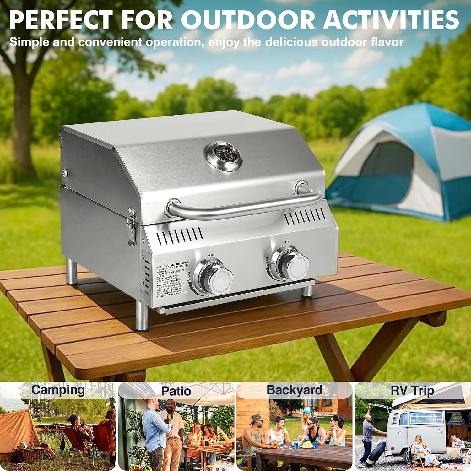 Llamaviva Tabletop Propane Gas Grill, 2 Burner 20,000 BTU Stainless Steel Portable BBQ Grill, Compact Outdoor Grill for Camping, RV, Patio, Tailgating, Picnic, Backyard Cooking