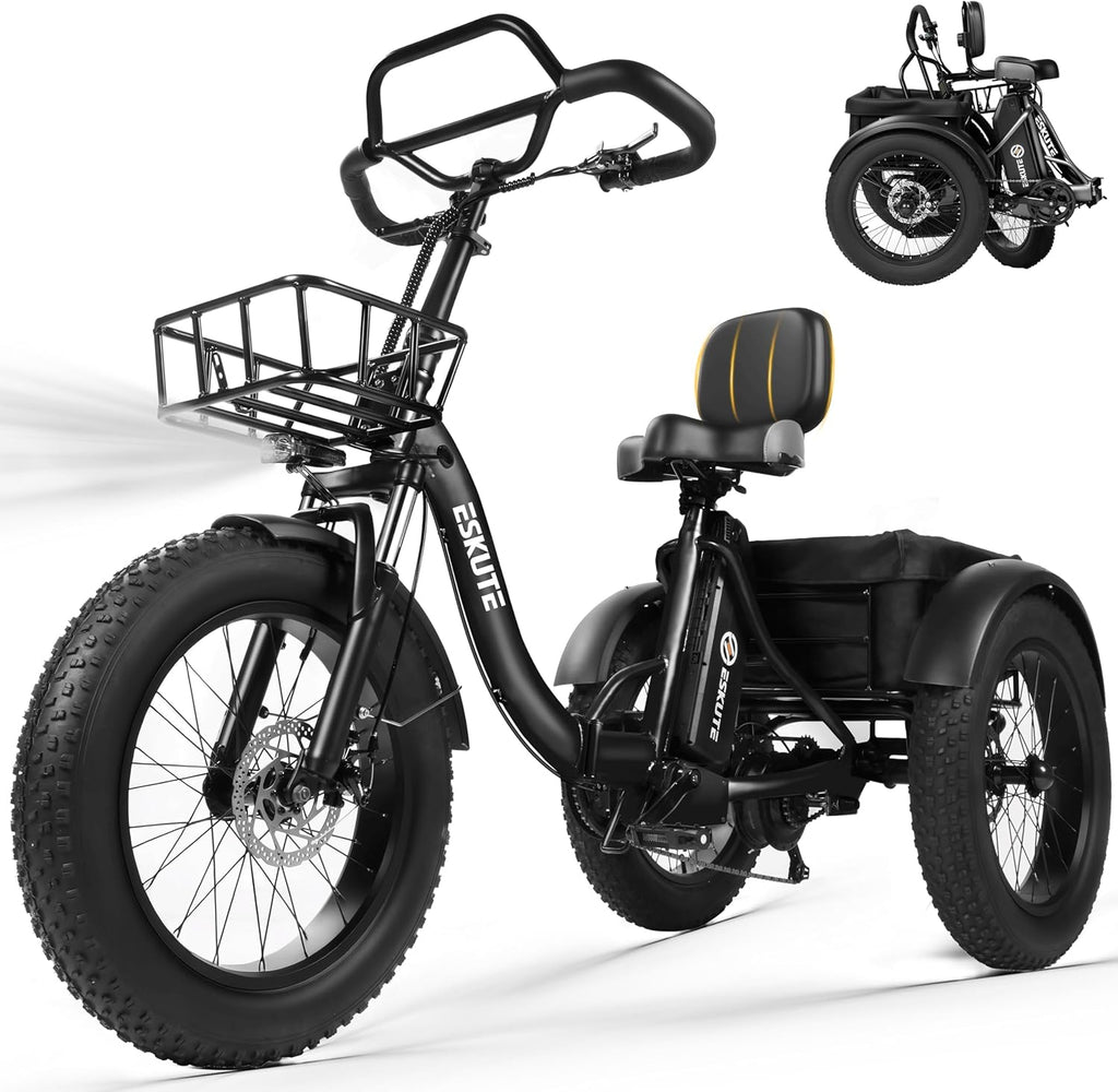 ESKUTE T300 Pro Electric Trike for Adults, 998.4Wh Long-Range Battery, 1200W Peak Motor, 20'x4.0' Fat Tires, Foldable 3-Wheel Butterfly Handlebar E-Bike with Storage Bags