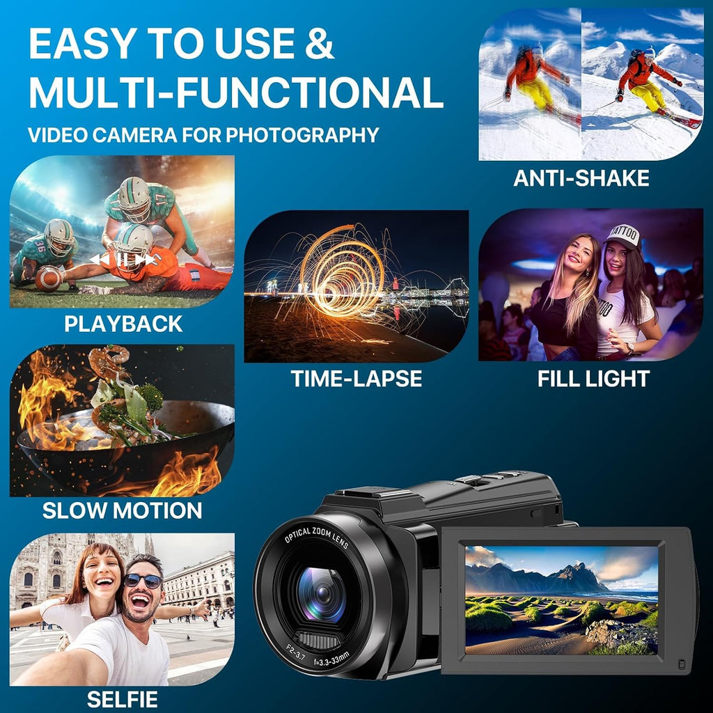 FJFJOPK 5K Video Camera Camcorder, 10X Optical Zoom 48MP UHD 30FPS Vlogging Camera for YouTube, Photography Recorder Camera with 270° 3' Rotation Screen, Microphone, Stabilizer, Remote Control